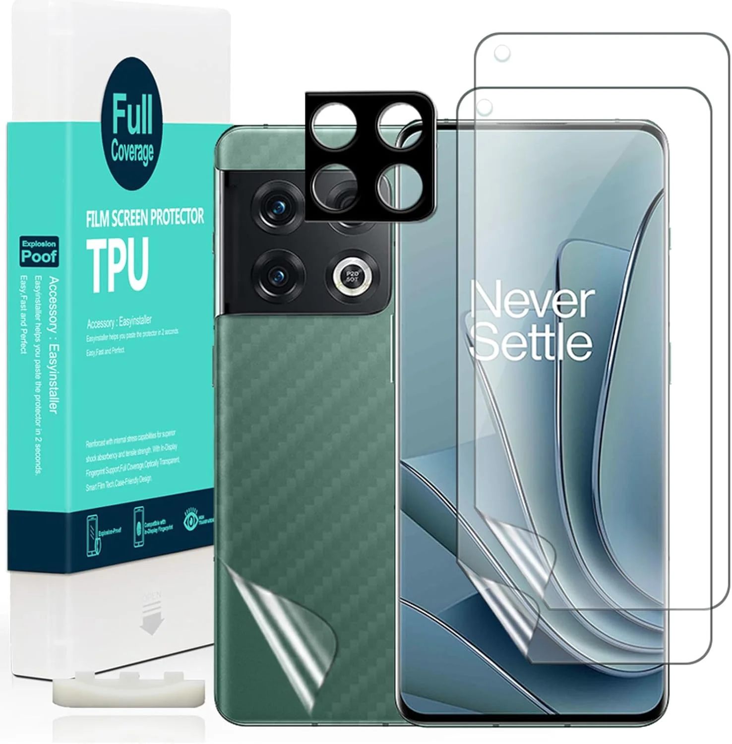 محافظ صفحه نمایش Ibywind سازگار با Oneplus 10 Pro 5G (بسته 2 عددی) (6.7 اینچ) به همراه محافظ لنز دوربین و برچسب فیبر کربن پشت، بدون حباب، فناوری فیلم هوشمند، شفافیت HD 99٪، نصب آسان