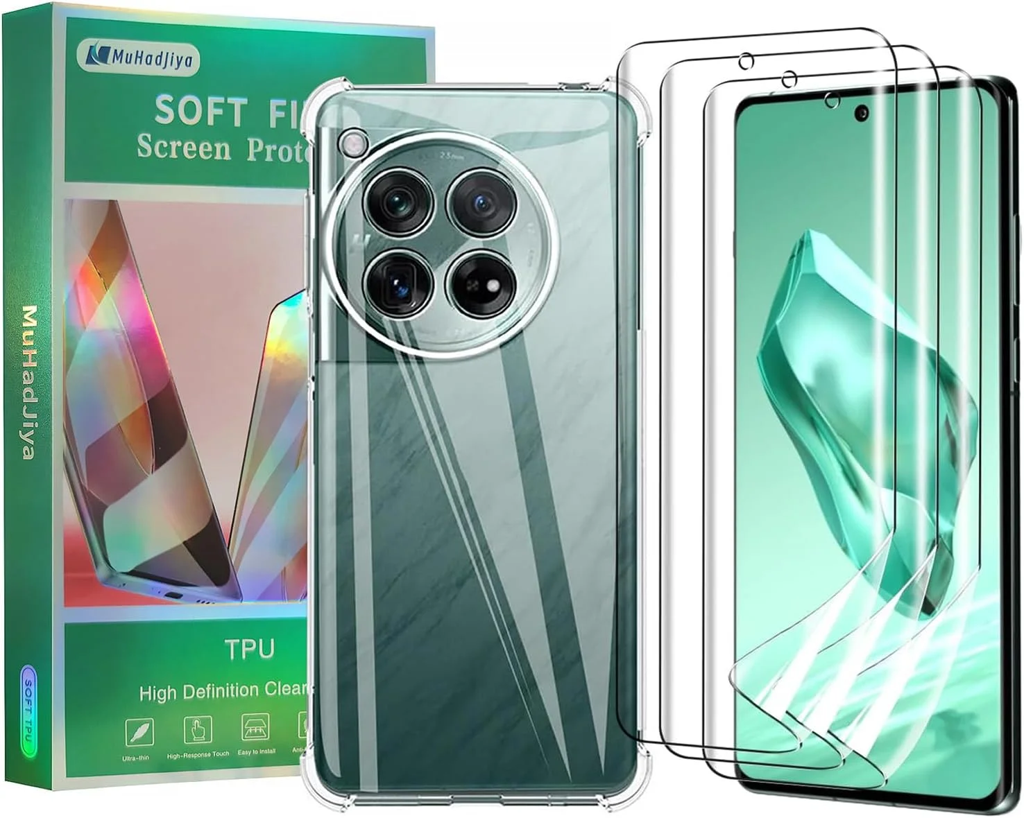 محافظ صفحه نمایش نرم MuHadJiya برای OnePlus 12 به همراه قاب شفاف گوشی [بسته 3+1]، فیلم محافظ نرم TPU شفاف HD با پوشش شفاف (برای OnePlus 12)