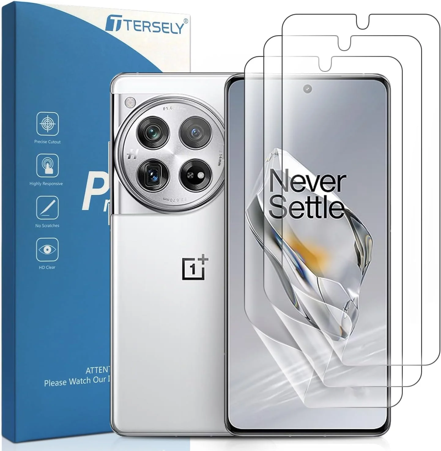 محافظ صفحه نمایش هیدروژل فوق العاده با کیفیت T Tersely، بسته 3 عددی، برای OnePlus 12 - محافظ صفحه نمایش TPU انعطاف پذیر و نشکن با حساسیت بالا و نصب بدون حباب - غیر شیشه ای