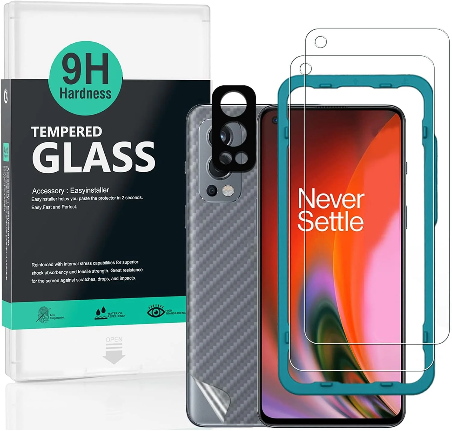 محافظ صفحه نمایش IBYWIND برای OnePlus Nord 2 5G، بسته 2 عددی شیشه حرارت دیده با سختی 9H، همراه با 1 عدد محافظ لنز دوربین، 1 عدد فیلم فیبر کربن پشت، نصب آسان