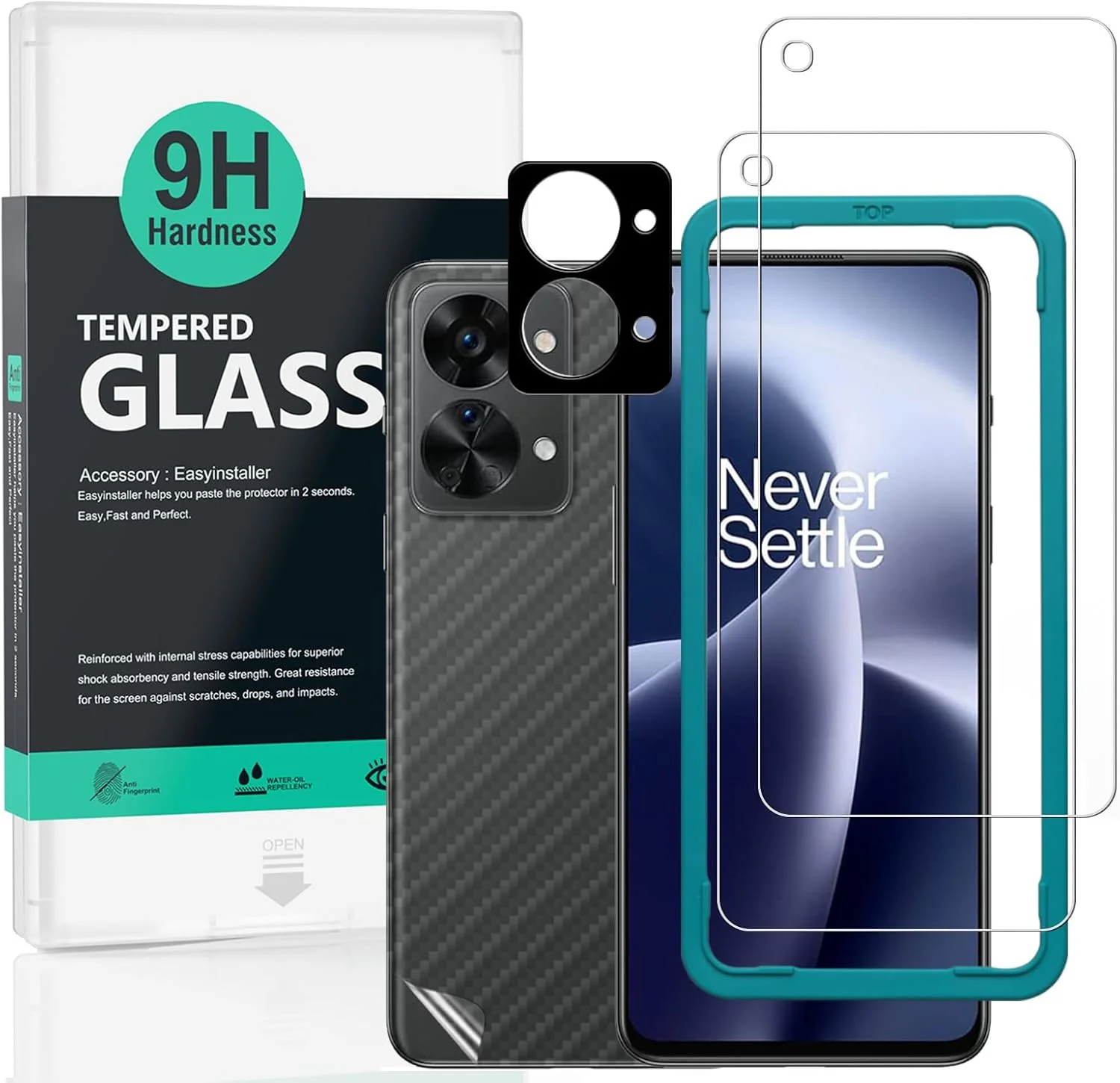 محافظ صفحه نمایش Ibywind برای OnePlus Nord 2T 5G (6.43 اینچ)، شامل 2 عدد شیشه حرارت دیده، 1 عدد محافظ لنز دوربین، 1 عدد فیلم فیبر کربنی پشتی [حسگر اثر انگشت، نصب آسان]