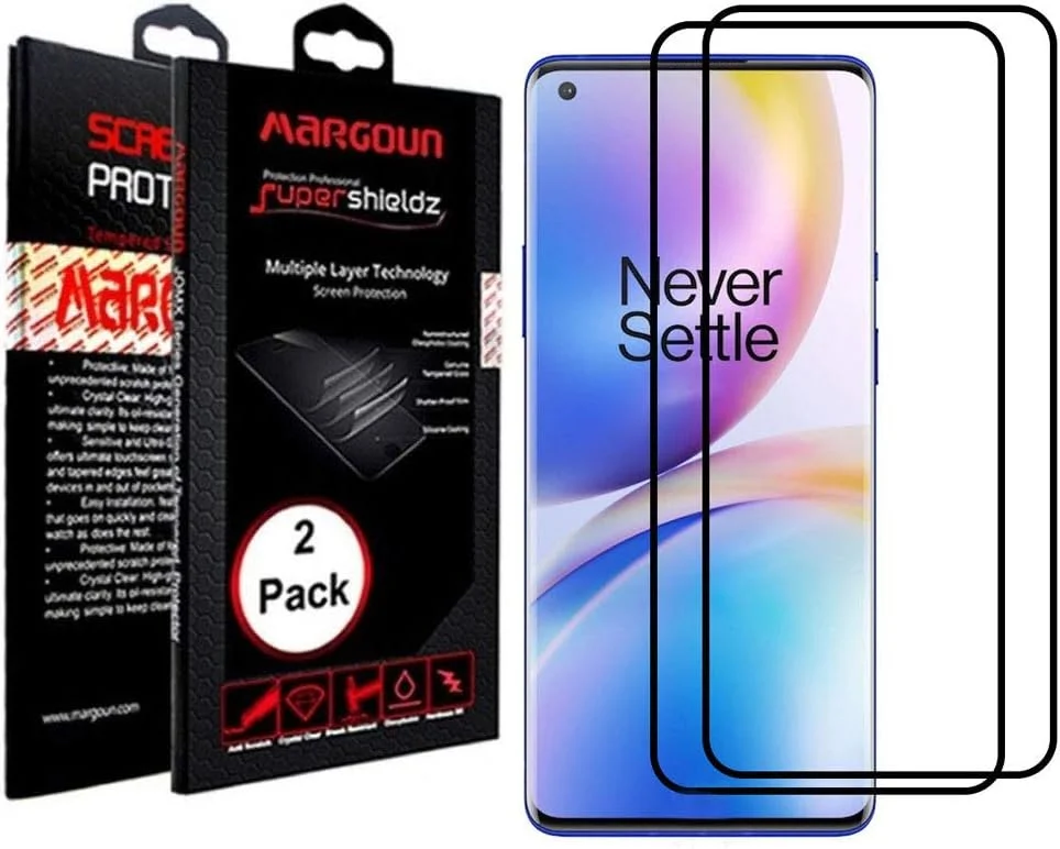 محافظ صفحه نمایش شیشه ای حرارت دیده مارگون 2 عددی برای OnePlus 11 / OnePlus 9 Pro / OnePlus 10 Pro، پوشش کامل سه بعدی، چسب کناری (کناره مشکی)
