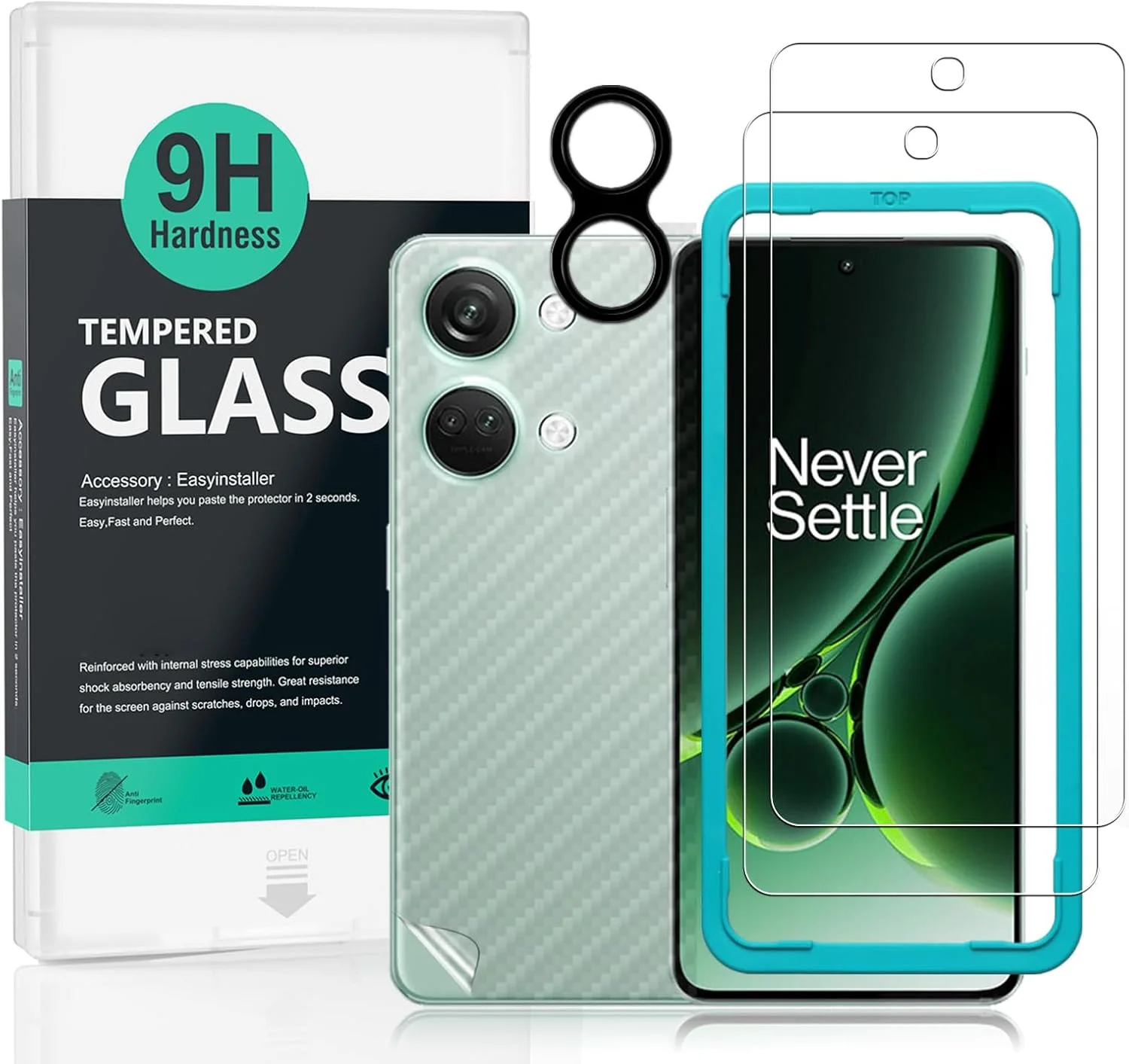 محافظ صفحه نمایش Ibywind برای OnePlus Nord 3 5G (6.74 اینچ)، شامل 2 عدد شیشه حرارت دیده، 1 عدد محافظ لنز دوربین، 1 عدد فیلم فیبر کربن پشتی [حسگر اثر انگشت، نصب آسان، ضد خش، فوق العاده شفاف، 9H]