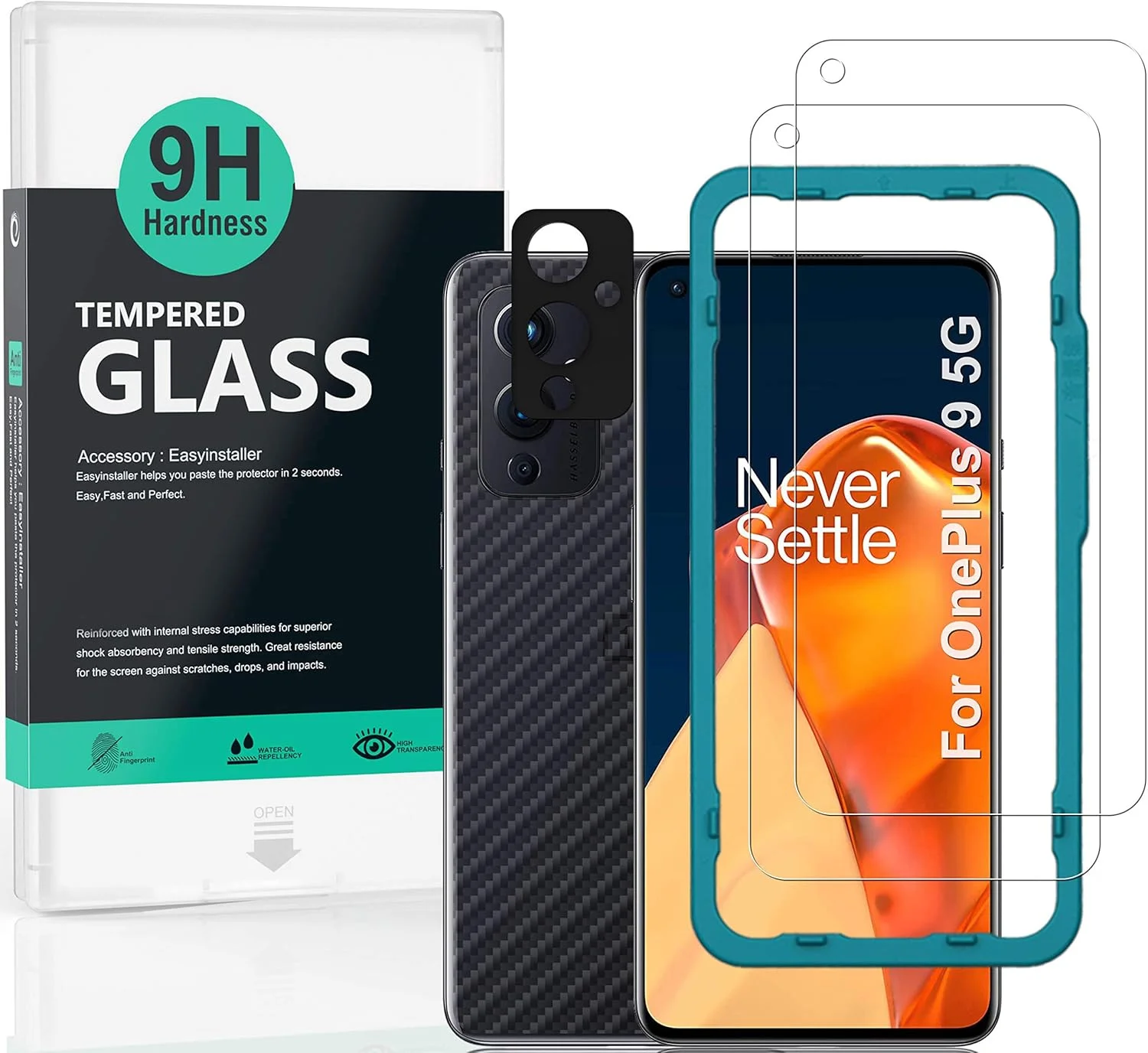 محافظ صفحه نمایش IBYWIND برای OnePlus 9، بسته 2 عددی شیشه حرارت دیده با سختی 9H، همراه با 1 عدد محافظ لنز دوربین، 1 عدد فیلم فیبر کربن پشت، نصب آسان