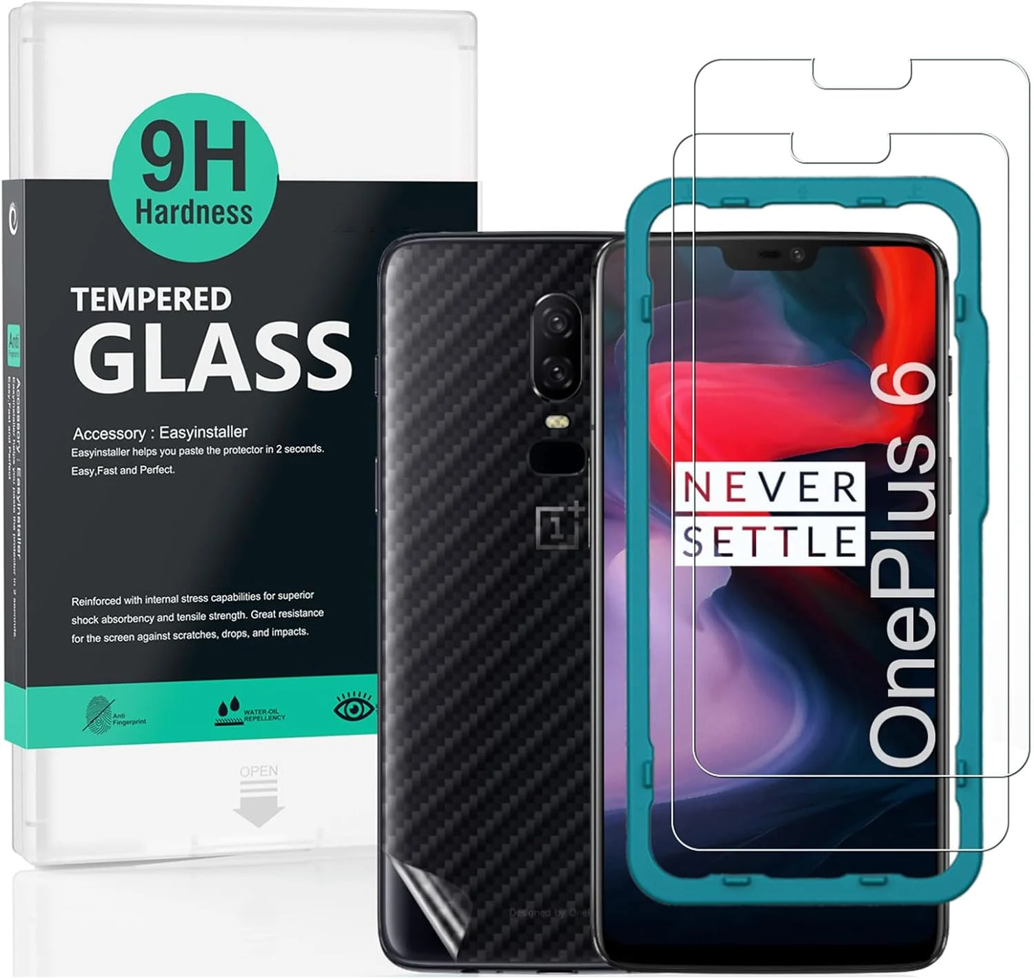 محافظ صفحه نمایش Ibywind برای OnePlus 6 سایز 6.28 اینچ، بسته 2 عددی شیشه حرارت دیده با سختی 9H، به همراه 1 عدد برچسب فیبر کربن پشت، نصب آسان