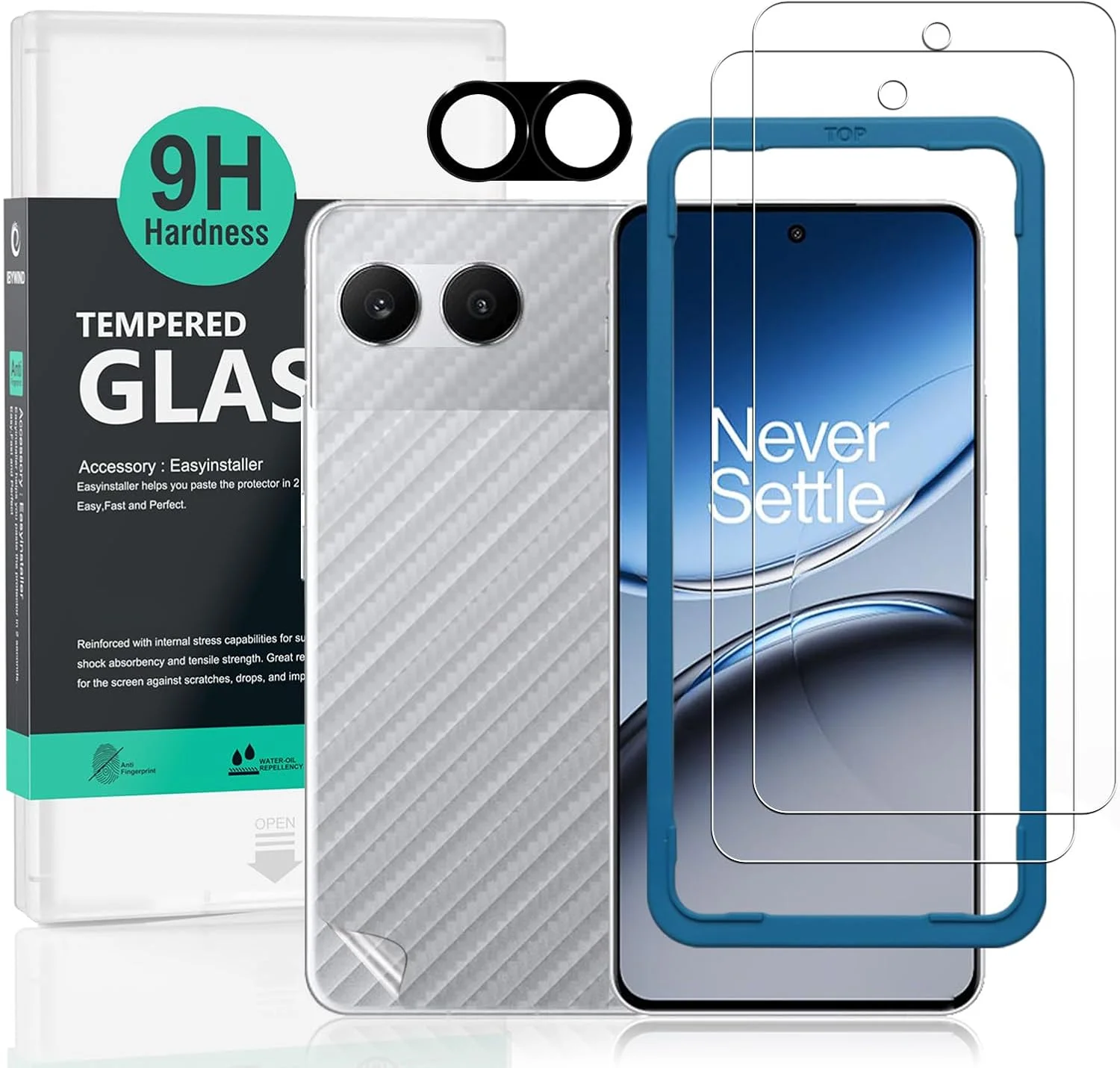 محافظ صفحه نمایش 2 عددی Ibywind برای OnePlus Nord 4 5G 6.74 اینچی، شیشه حرارت دیده با سختی 9H، همراه با 1 عدد محافظ لنز دوربین، 1 عدد فیلم فیبر کربنی پشت، نصب آسان، ضد خش، ضد ضربه، شفاف HD