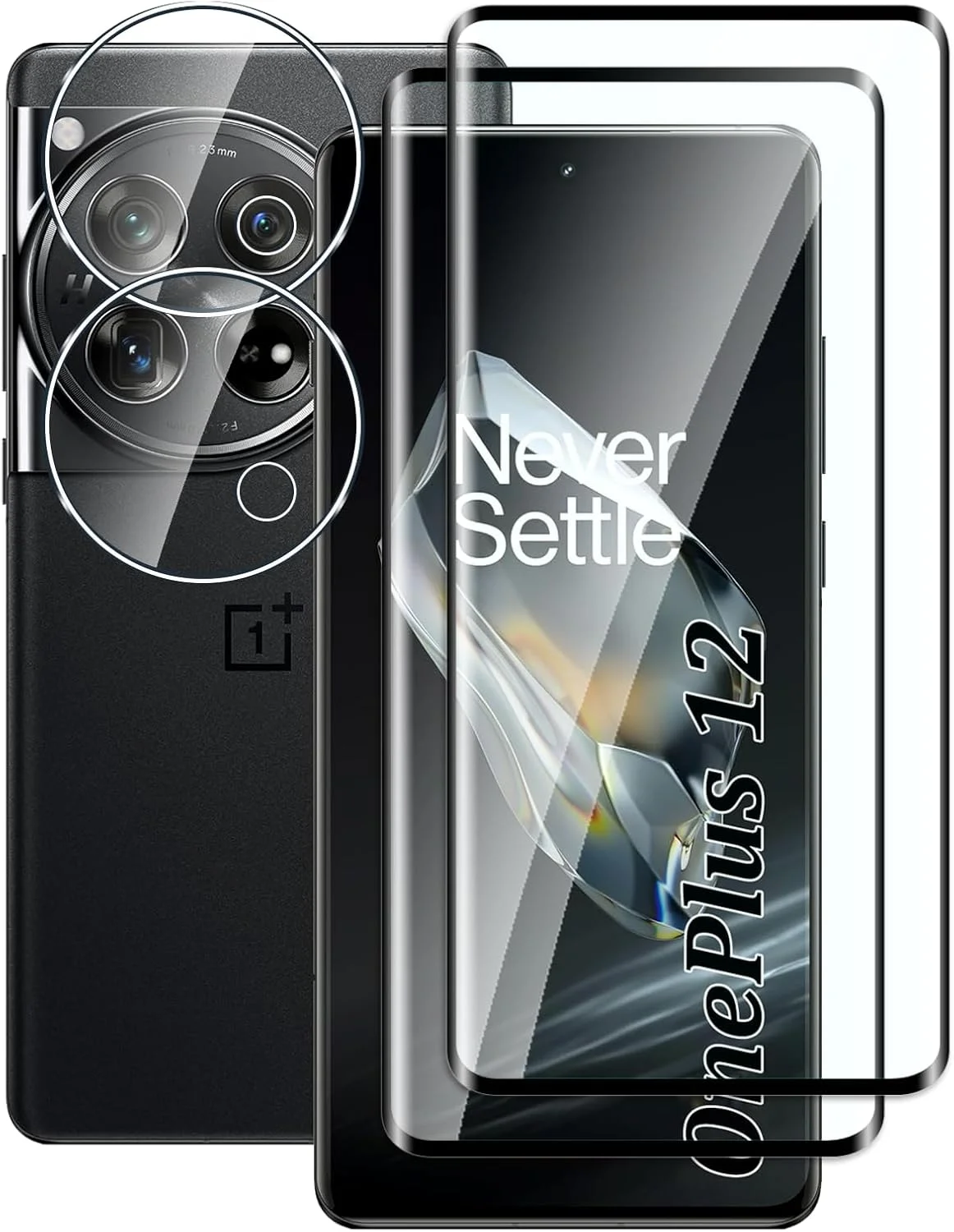 محافظ صفحه نمایش شیشه ای حرارت دیده Fyqzio [بسته 2+2] سازگار با OnePlus 12 و دوربین، بدون حباب، سختی 9H، ضد خش، منحنی سه بعدی، محافظ صفحه نمایش HD برای OnePlus 12