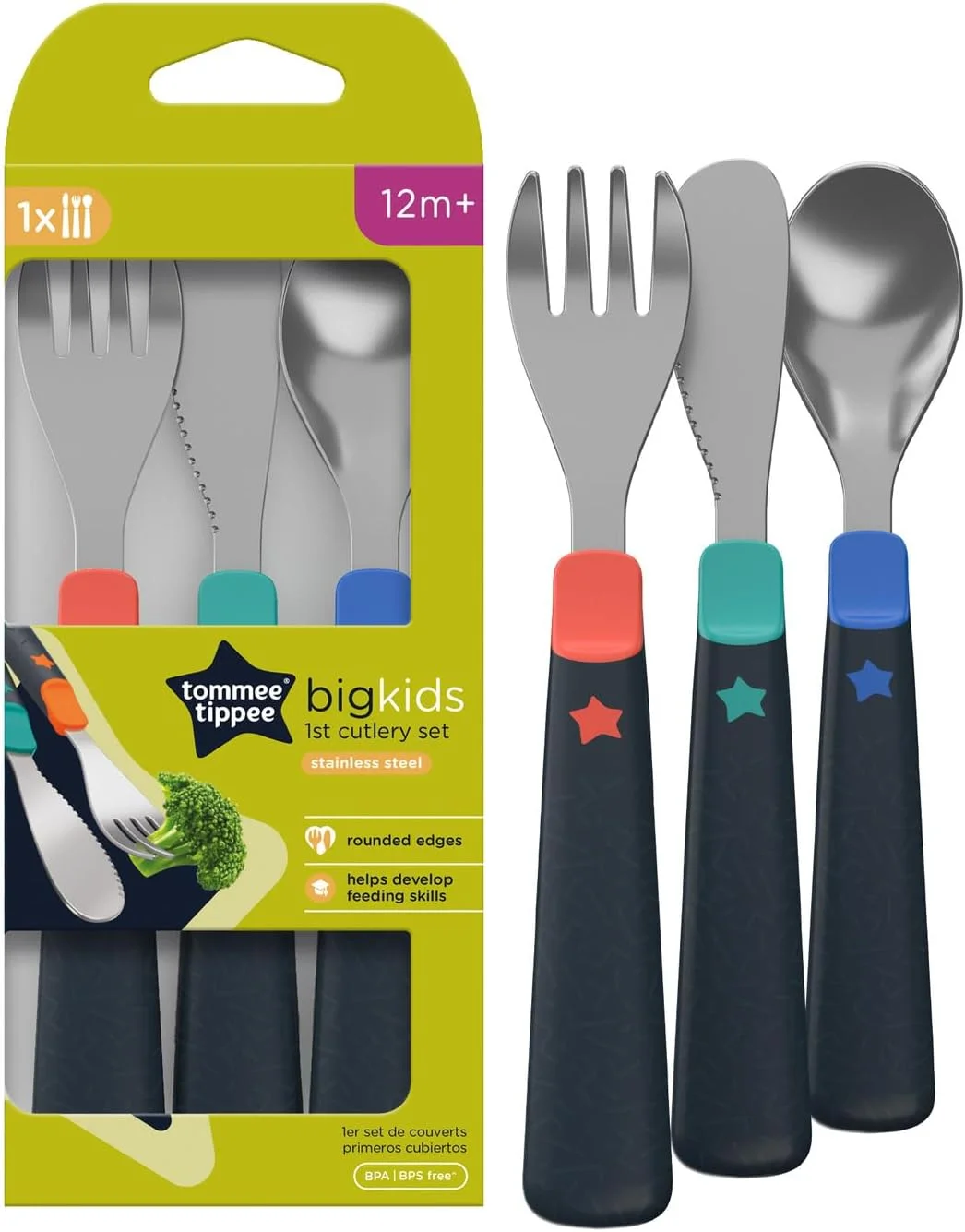 Tommee Tippee Big Kids Metal Cutlery Set 12M+ | Chunky Handles, Rounded Edges | Stainless Steel Toddler Fork, Spoon & Knife Tommee Tippee Big Kids Metal Cutlery Set 12M+ | Chunky Handles, Rounded Edges | Stainless Steel Toddler Fork, Spoon & Knife