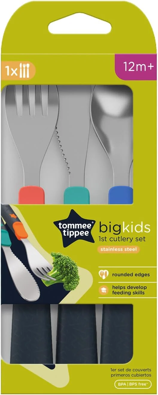 Tommee Tippee Big Kids Metal Cutlery Set 12M+ | Chunky Handles, Rounded Edges | Stainless Steel Toddler Fork, Spoon & Knife Tommee Tippee Big Kids Metal Cutlery Set 12M+ | Chunky Handles, Rounded Edges | Stainless Steel Toddler Fork, Spoon & Knife