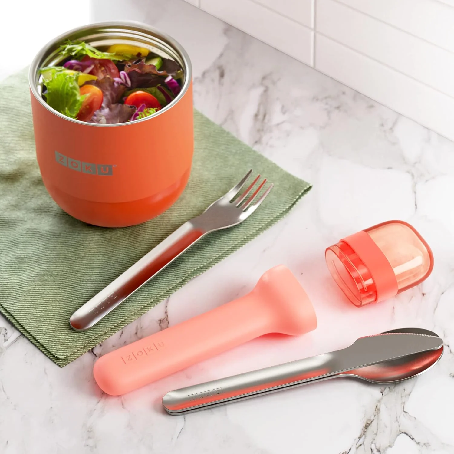 ست قاشق، چنگال و چاقوی جیبی زوکو، هلویی | قاشق، چنگال و چاقوی استیل ضد زنگ در جعبه بهداشتی | طراحی قابل حمل برای مسافرت، مدرسه، کار، پیک نیک، کمپینگ و استفاده در فضای باز