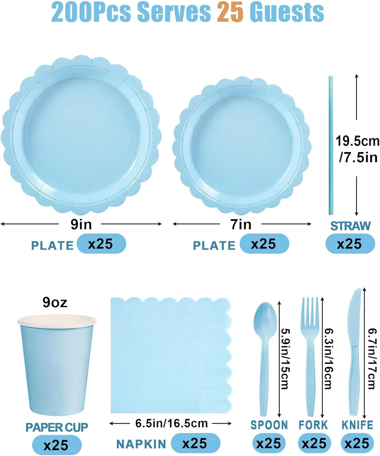 مجموعه ظروف یکبار مصرف مهمانی URbazaar شامل 200 تکه، مناسب برای 25 مهمان، شامل بشقاب های کنگره دار، دستمال سفره، فنجان، نی، قاشق پلاستیکی، چنگال و چاقو برای مهمانی، عروسی، تولد (آبی آسمانی) مجموعه ظروف یکبار مصرف مهمانی URbazaar شامل 200 تکه، مناسب برای 25 مهمان، شامل بشقاب های کنگره دار، دستمال سفره، فنجان، نی، قاشق پلاستیکی، چنگال و چاقو برای مهمانی، عروسی، تولد (آبی آسمانی)