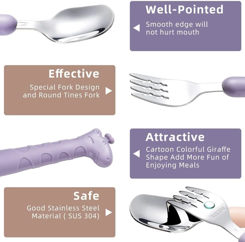 ست قاشق و چنگال استیل 2 تکه کودک تزویق با طرح کارتونی و جعبه قابل حمل، ست قاشق و چنگال کودکانه، ست کارد و چنگال ایمن برای تغذیه مستقل ست قاشق و چنگال استیل 2 تکه کودک تزویق با طرح کارتونی و جعبه قابل حمل، ست قاشق و چنگال کودکانه، ست کارد و چنگال ایمن برای تغذیه مستقل