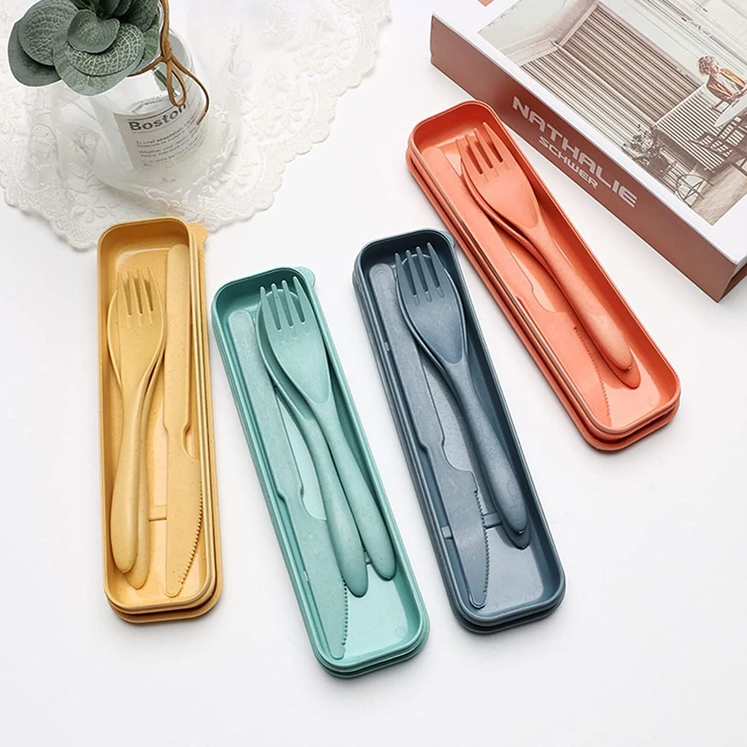 SYOSI Wheat Straw Cutlery, Reusable Portable Travel Utensil Set with Case, Spoon Knife Fork Tableware set, for Kids Adult Travel Picnic Camping or Daily Use (8 Colors) SYOSI Wheat Straw Cutlery, Reusable Portable Travel Utensil Set with Case, Spoon Knife Fork Tableware set, for Kids Adult Travel Picnic Camping or Daily Use (8 Colors)