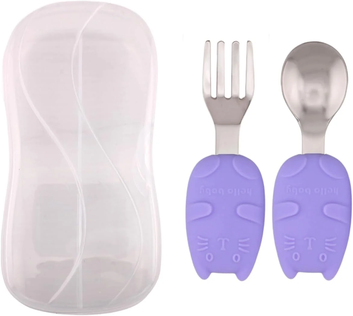 ست قاشق و چنگال استیل ضد زنگ کودک با جعبه | لبه گرد، دسته سیلیکونی نرم و بدون BPA | ست قاشق و چنگال کودک برای جعبه ناهار | ظروف غذاخوری کودک با جعبه قابل حمل (بنفش) ست قاشق و چنگال استیل ضد زنگ کودک با جعبه | لبه گرد، دسته سیلیکونی نرم و بدون BPA | ست قاشق و چنگال کودک برای جعبه ناهار | ظروف غذاخوری کودک با جعبه قابل حمل (بنفش)