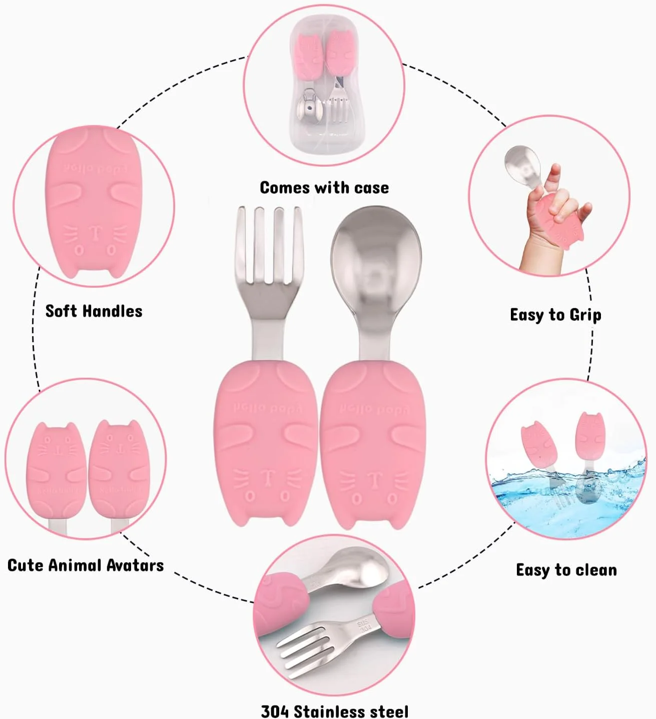 ست قاشق و چنگال استیل کودک با جعبه | دسته سیلیکونی نرم و بدون BPA | قاشق و چنگال فلزی کودک | ست قاشق و چنگال کودک برای جعبه ناهار | ظروف غذاخوری کودک با جعبه قابل حمل (صورتی)