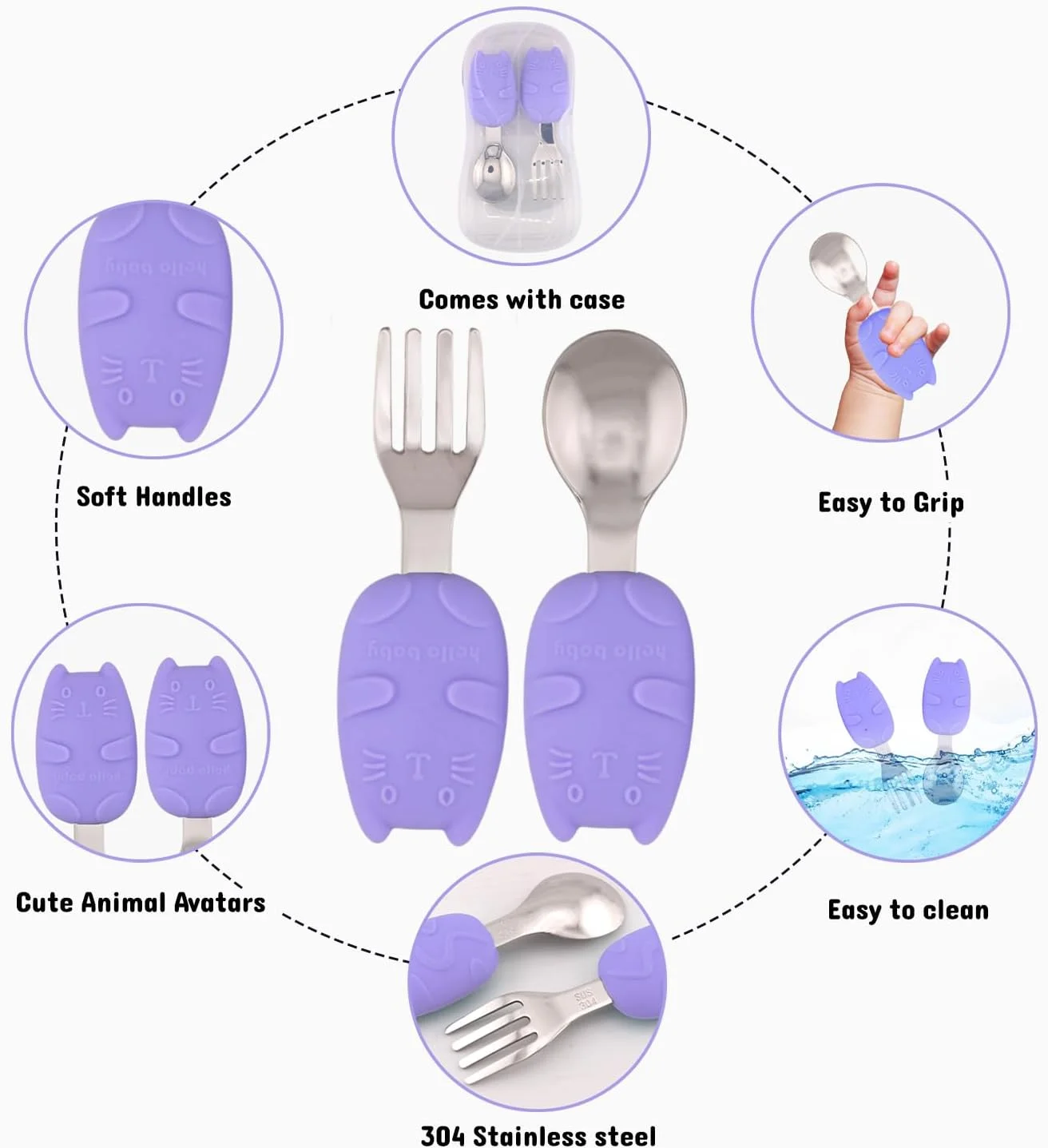 ست قاشق و چنگال استیل ضد زنگ کودک با جعبه | لبه گرد، دسته سیلیکونی نرم و بدون BPA | ست قاشق و چنگال کودک برای جعبه ناهار | ظروف غذاخوری کودک با جعبه قابل حمل (بنفش) ست قاشق و چنگال استیل ضد زنگ کودک با جعبه | لبه گرد، دسته سیلیکونی نرم و بدون BPA | ست قاشق و چنگال کودک برای جعبه ناهار | ظروف غذاخوری کودک با جعبه قابل حمل (بنفش)