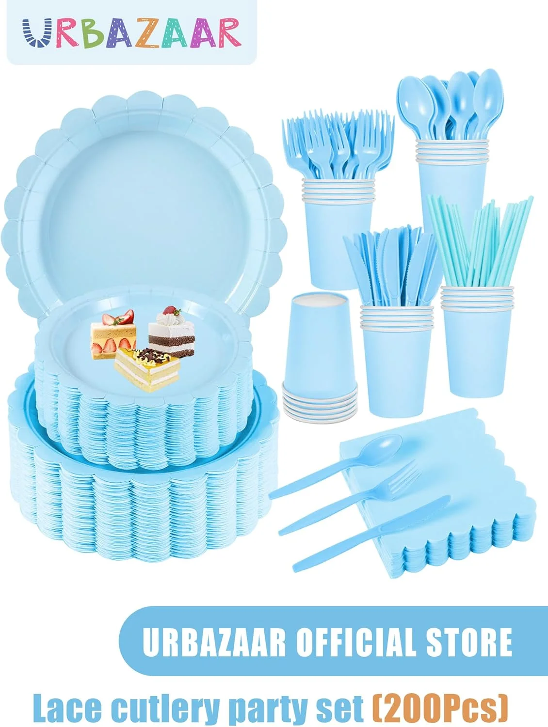 مجموعه ظروف یکبار مصرف مهمانی URbazaar شامل 200 تکه، مناسب برای 25 مهمان، شامل بشقاب های کنگره دار، دستمال سفره، فنجان، نی، قاشق پلاستیکی، چنگال و چاقو برای مهمانی، عروسی، تولد (آبی آسمانی) مجموعه ظروف یکبار مصرف مهمانی URbazaar شامل 200 تکه، مناسب برای 25 مهمان، شامل بشقاب های کنگره دار، دستمال سفره، فنجان، نی، قاشق پلاستیکی، چنگال و چاقو برای مهمانی، عروسی، تولد (آبی آسمانی)