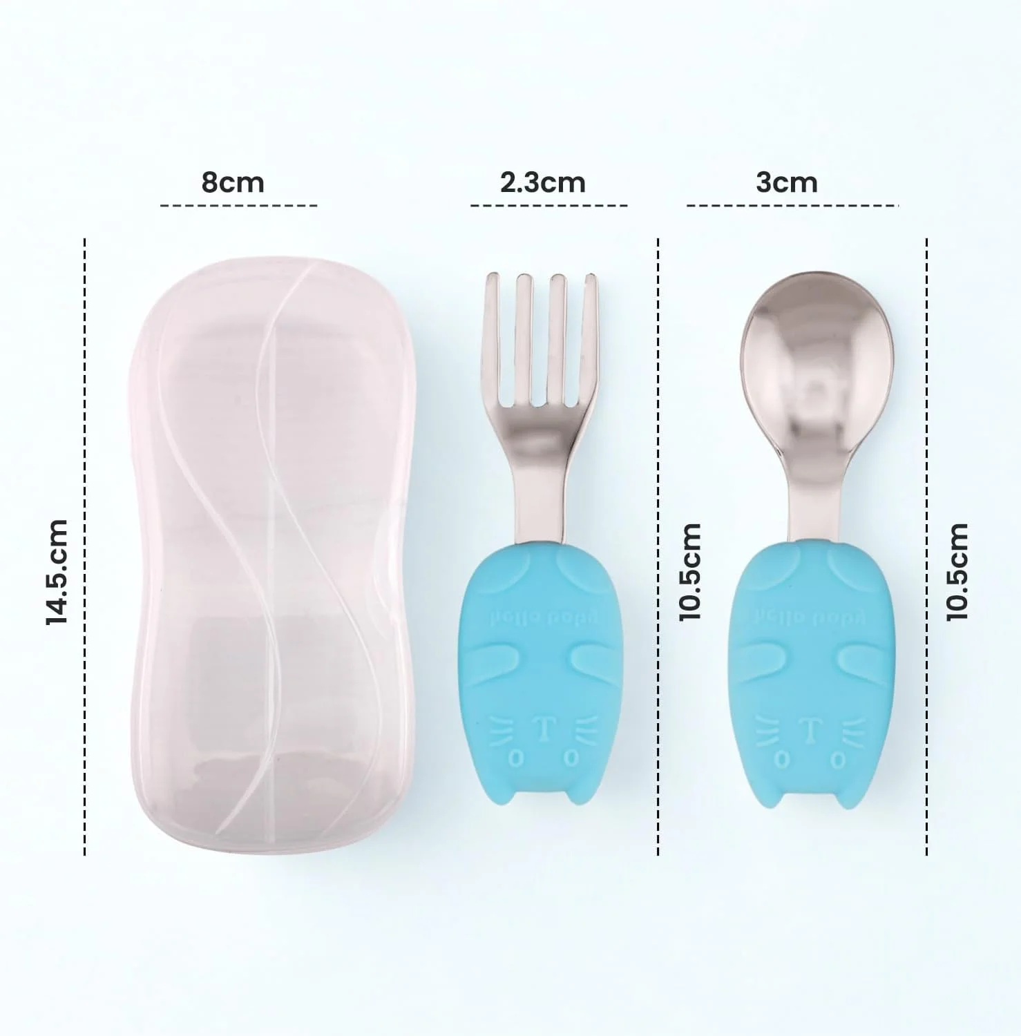 ست قاشق و چنگال استیل ضد زنگ کودک با جعبه | لبه گرد، دسته سیلیکونی نرم و بدون BPA، وسایل غذاخوری کودک نوپا | ست قاشق و چنگال کودک برای جعبه ناهار | ظروف غذاخوری کودک با جعبه قابل حمل (آبی)