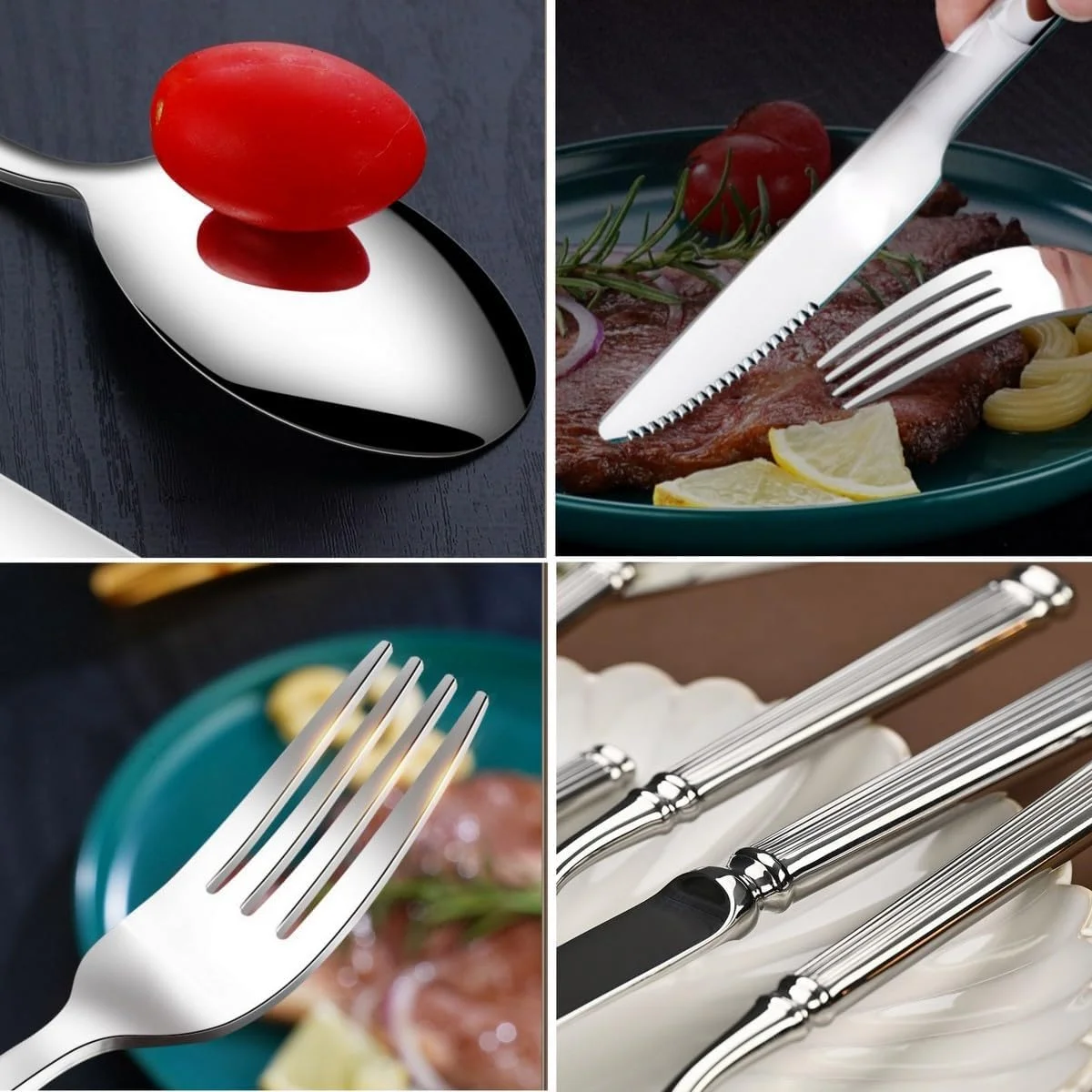 ست کارد و چنگال استیل ضد زنگ 8 تکه – سرویس ظروف نقره ای برای 2 نفر، شامل چاقو، چنگال، قاشق، مناسب برای آشپزخانه منزل، رستوران، هتل ست کارد و چنگال استیل ضد زنگ 8 تکه – سرویس ظروف نقره ای برای 2 نفر، شامل چاقو، چنگال، قاشق، مناسب برای آشپزخانه منزل، رستوران، هتل