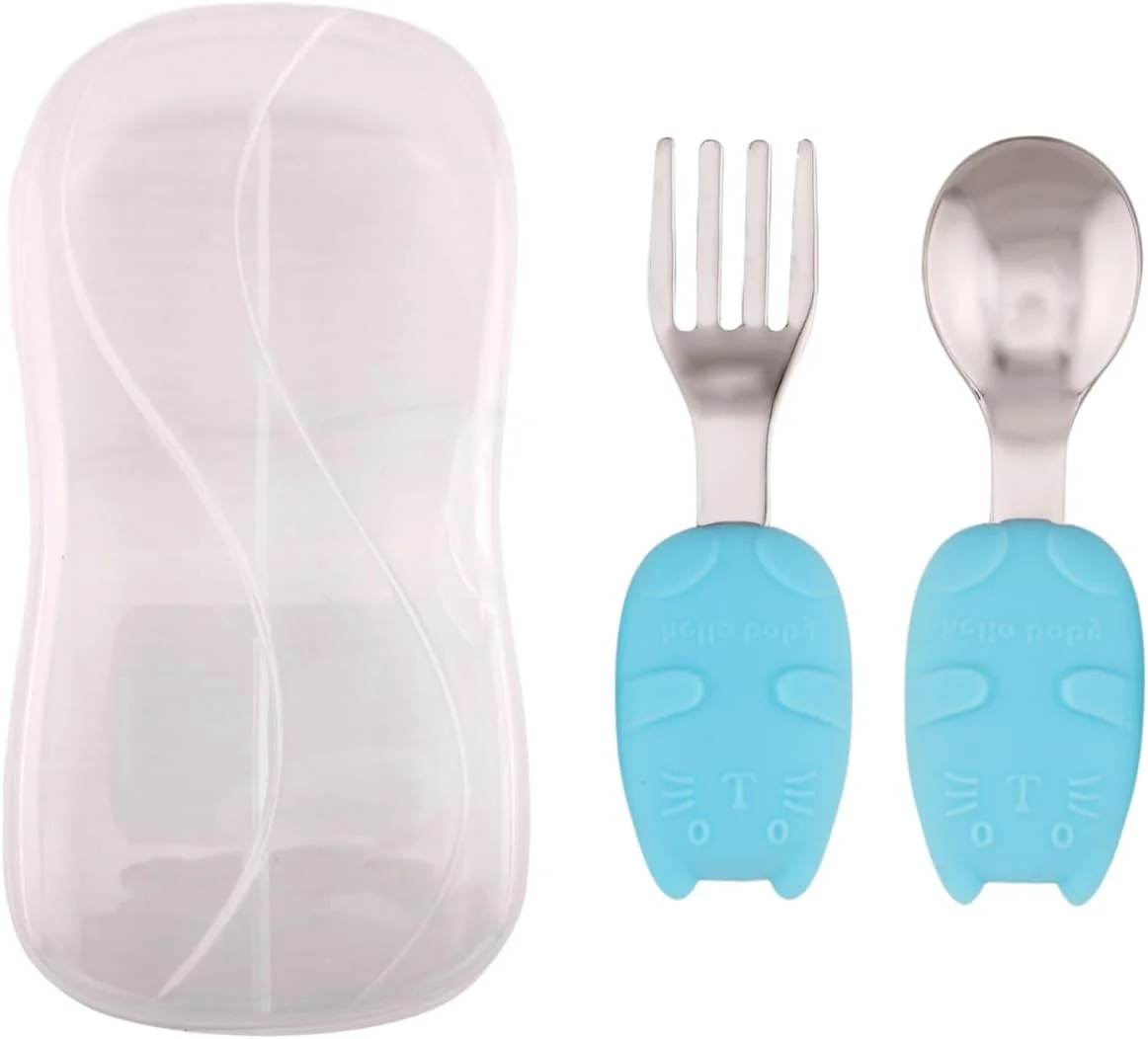 ست قاشق و چنگال استیل ضد زنگ کودک با جعبه | لبه گرد، دسته سیلیکونی نرم و بدون BPA | ست قاشق و چنگال کودک برای جعبه ناهار | ظروف غذاخوری کودک با جعبه قابل حمل (آبی) ست قاشق و چنگال استیل ضد زنگ کودک با جعبه | لبه گرد، دسته سیلیکونی نرم و بدون BPA | ست قاشق و چنگال کودک برای جعبه ناهار | ظروف غذاخوری کودک با جعبه قابل حمل (آبی)