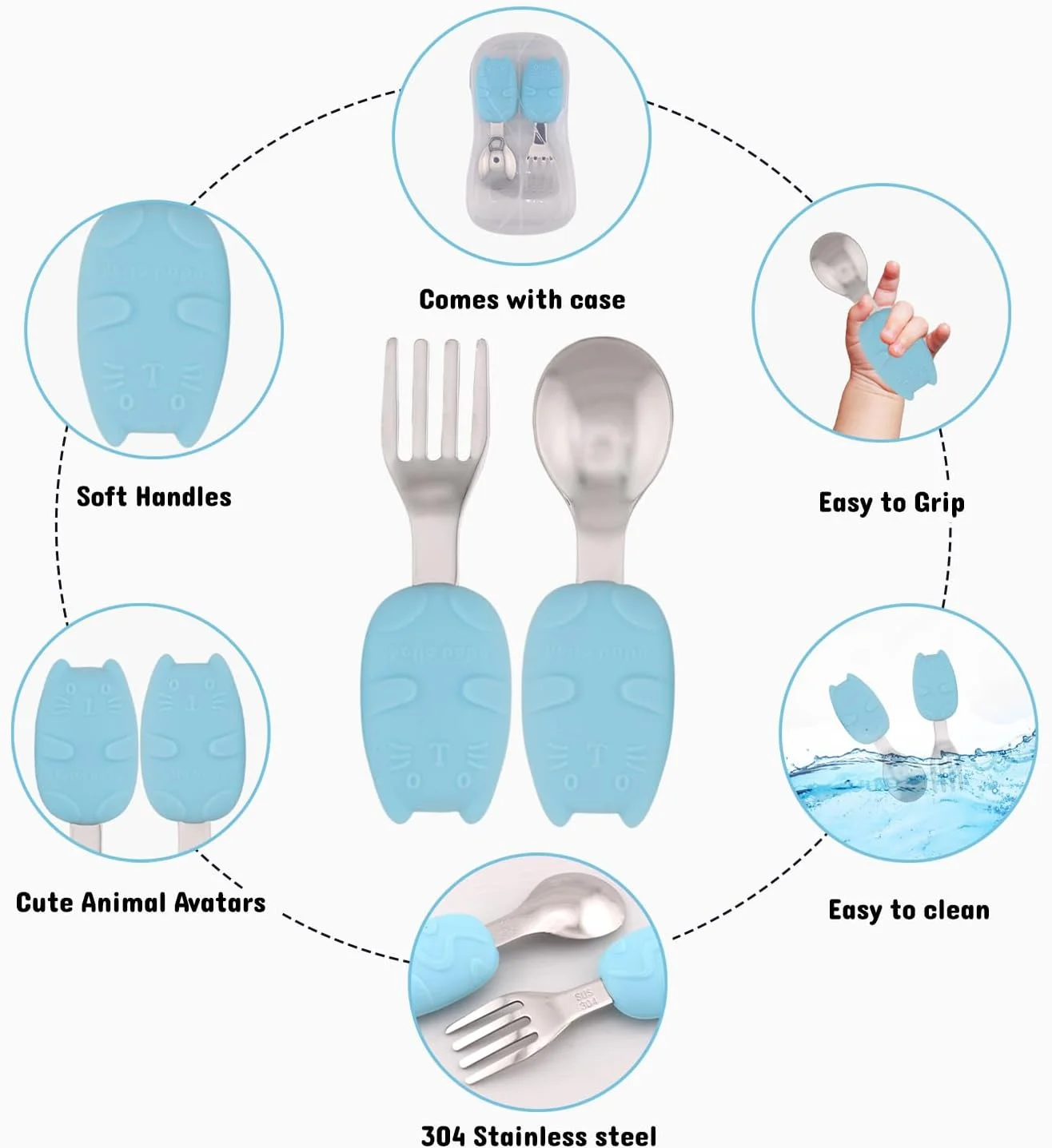 ست قاشق و چنگال استیل ضد زنگ کودک با جعبه | لبه گرد، دسته سیلیکونی نرم و بدون BPA | ست قاشق و چنگال کودک برای جعبه ناهار | ظروف غذاخوری کودک با جعبه قابل حمل (آبی) ست قاشق و چنگال استیل ضد زنگ کودک با جعبه | لبه گرد، دسته سیلیکونی نرم و بدون BPA | ست قاشق و چنگال کودک برای جعبه ناهار | ظروف غذاخوری کودک با جعبه قابل حمل (آبی)