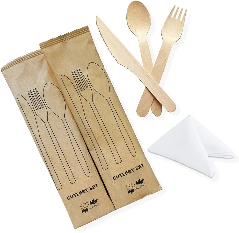 ست کارد، چنگال و قاشق بامبو یکبار مصرف SNH Packing همراه با دستمال سفره، 20 عددی، چوبی