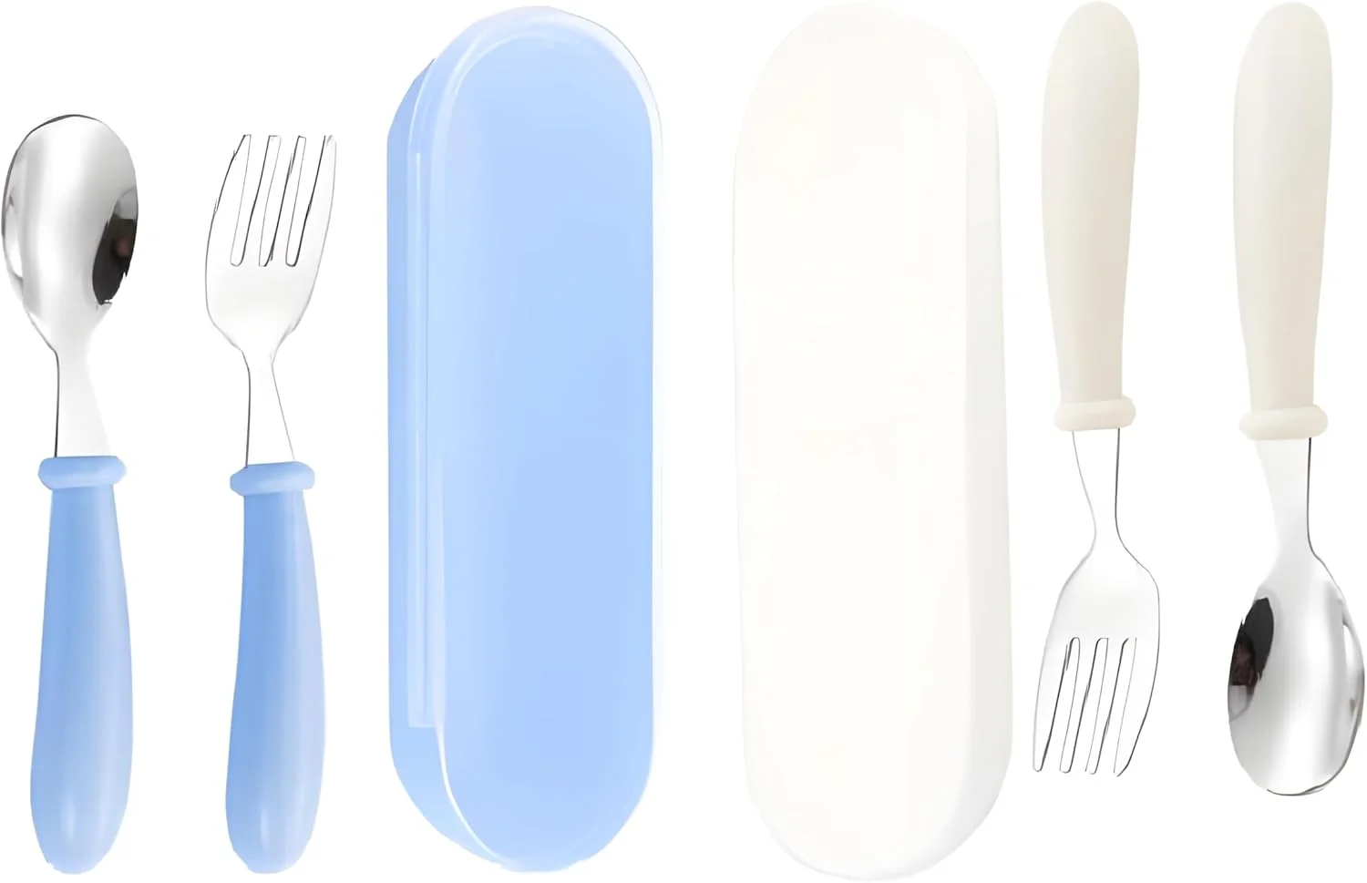 ست قاشق و چنگال کودک استیل 304 با دسته ABS و جعبه نگهداری، ترکیب چند رنگ، مناسب خودخوری، قابل شستشو در ماشین ظرفشویی (سفید + آبی)