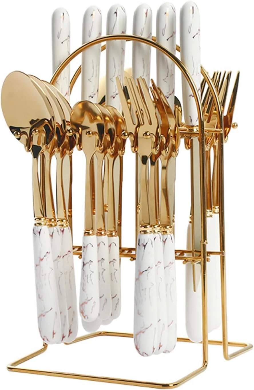 ست قاشق و چنگال طلایی Freeway، ست کارد و چنگال 24 پارچه، ست столовые приборы استیل ضد زنگ با استند، ست столовые приборы آویز کارد چنگال قاشق برای 6 نفر، ست столовые приборы صیقلی آینه ای (طرح سفید)