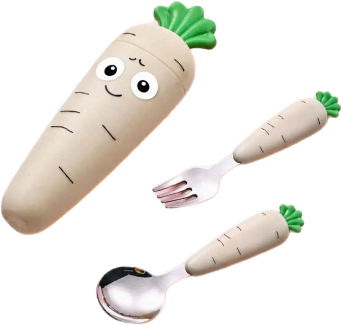 ست قاشق و چنگال کودک با جعبه، 2 تکه، استیل ضد زنگ، قابل استفاده مجدد، قاشق و چنگال برای کودکان نوپا و بچه ها، فاقد BPA، قابل حمل و استفاده مجدد (سفید مایل به کرم)