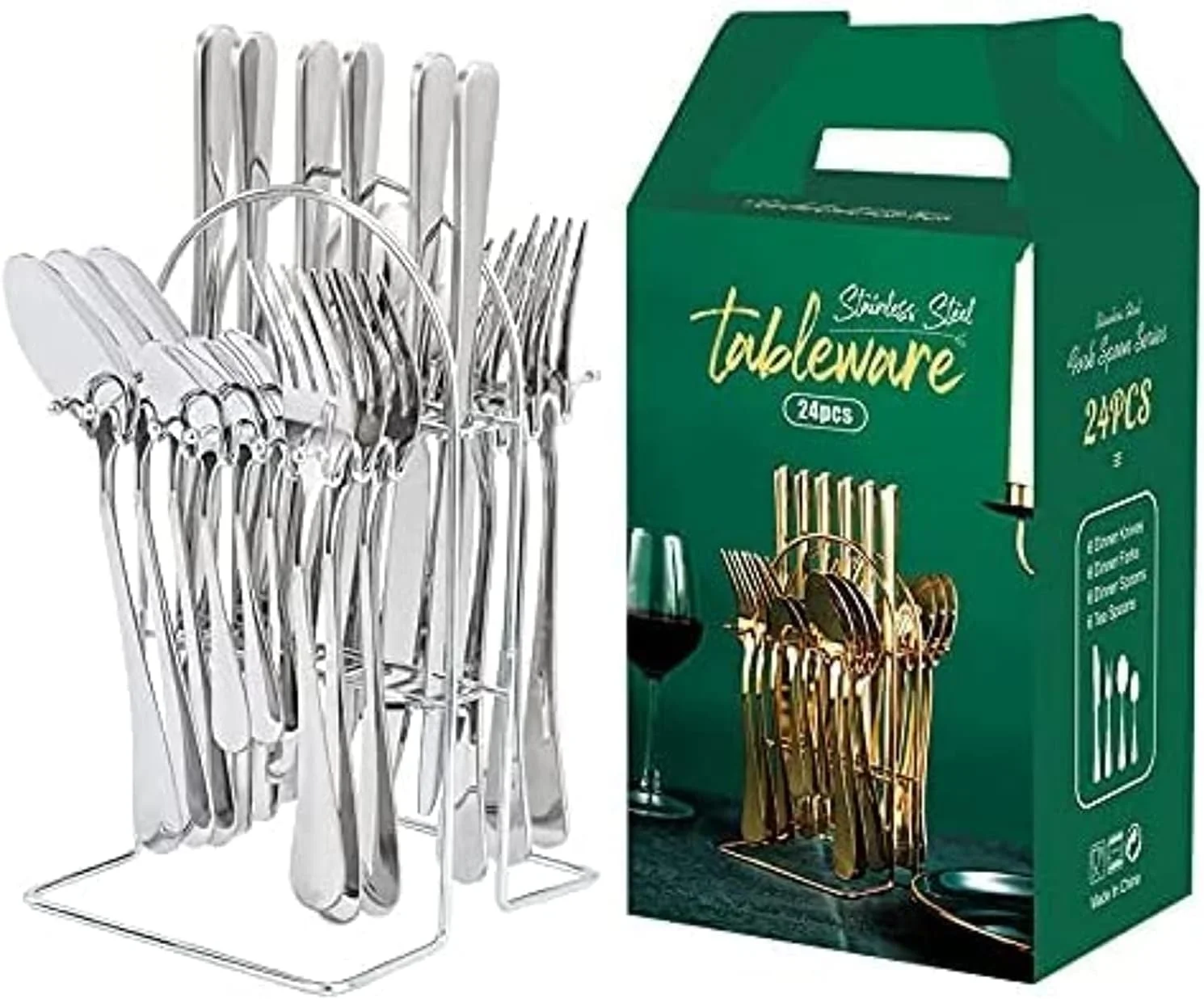 ست قاشق و چنگال استیل 24 پارچه NB با استند، ست کارد و چنگال پرداخت آینه ای، مناسب برای 6 نفر، شامل چاقو/چنگال/قاشق/قاشق چایخوری (نقره ای)