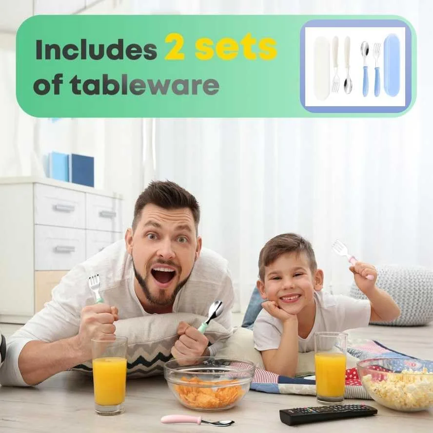 ست قاشق و چنگال کودک استیل 304 با دسته ABS و جعبه نگهداری، ترکیب چند رنگ، مناسب خودخوری، قابل شستشو در ماشین ظرفشویی (سفید + آبی) ست قاشق و چنگال کودک استیل 304 با دسته ABS و جعبه نگهداری، ترکیب چند رنگ، مناسب خودخوری، قابل شستشو در ماشین ظرفشویی (سفید + آبی)