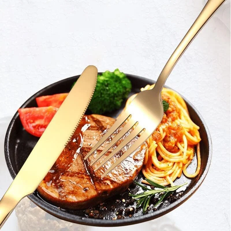 ست کارد و چنگال استیل SKY-TOUCH، ست 24 تکه ظروف طلایی به سبک غربی، شامل قاشق، چنگال، چاقو، قاشق چای خوری (طلایی)