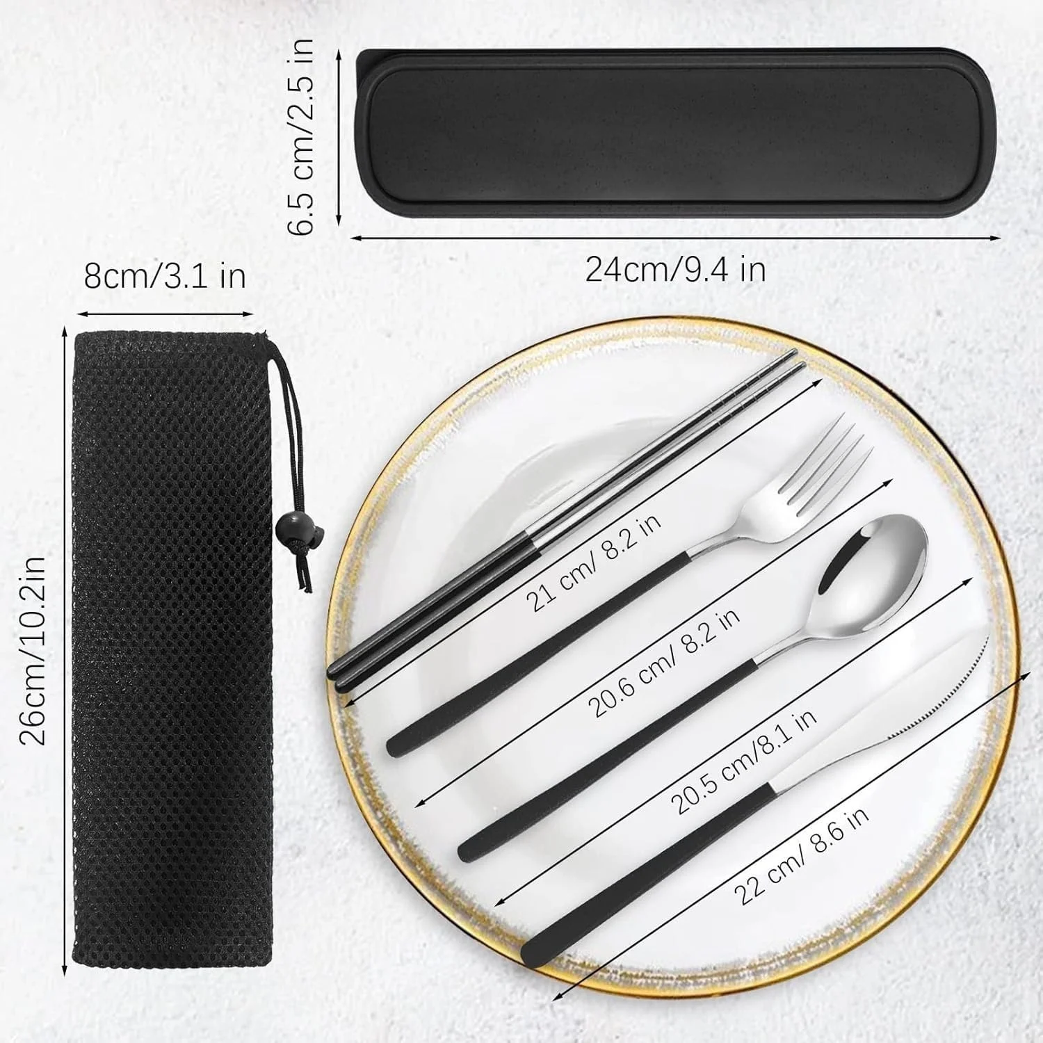 ست کارد و چنگال قابل حمل با جعبه، 4 تکه استیل ضد زنگ طلایی و مشکی، چنگال قاشق چاقو چاپستیک (مشکی نقره ای) ست کارد و چنگال قابل حمل با جعبه، 4 تکه استیل ضد زنگ طلایی و مشکی، چنگال قاشق چاقو چاپستیک (مشکی نقره ای)