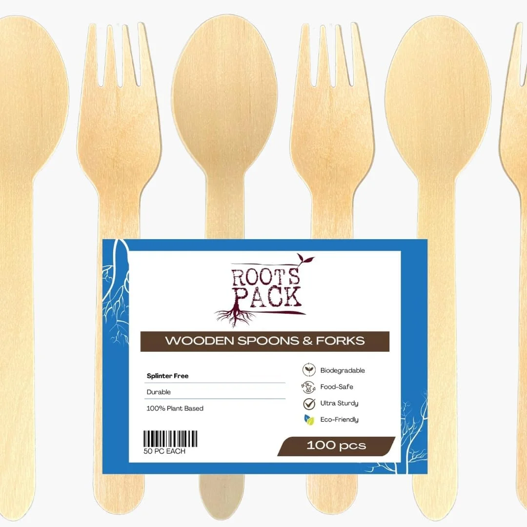 Roots Pack 100pc Biodegradable Wooden Cutlery Set - Eco-Friendly Spoons & Forks for Parties, Picnics, Events - Plant-Based, Splinter-Free