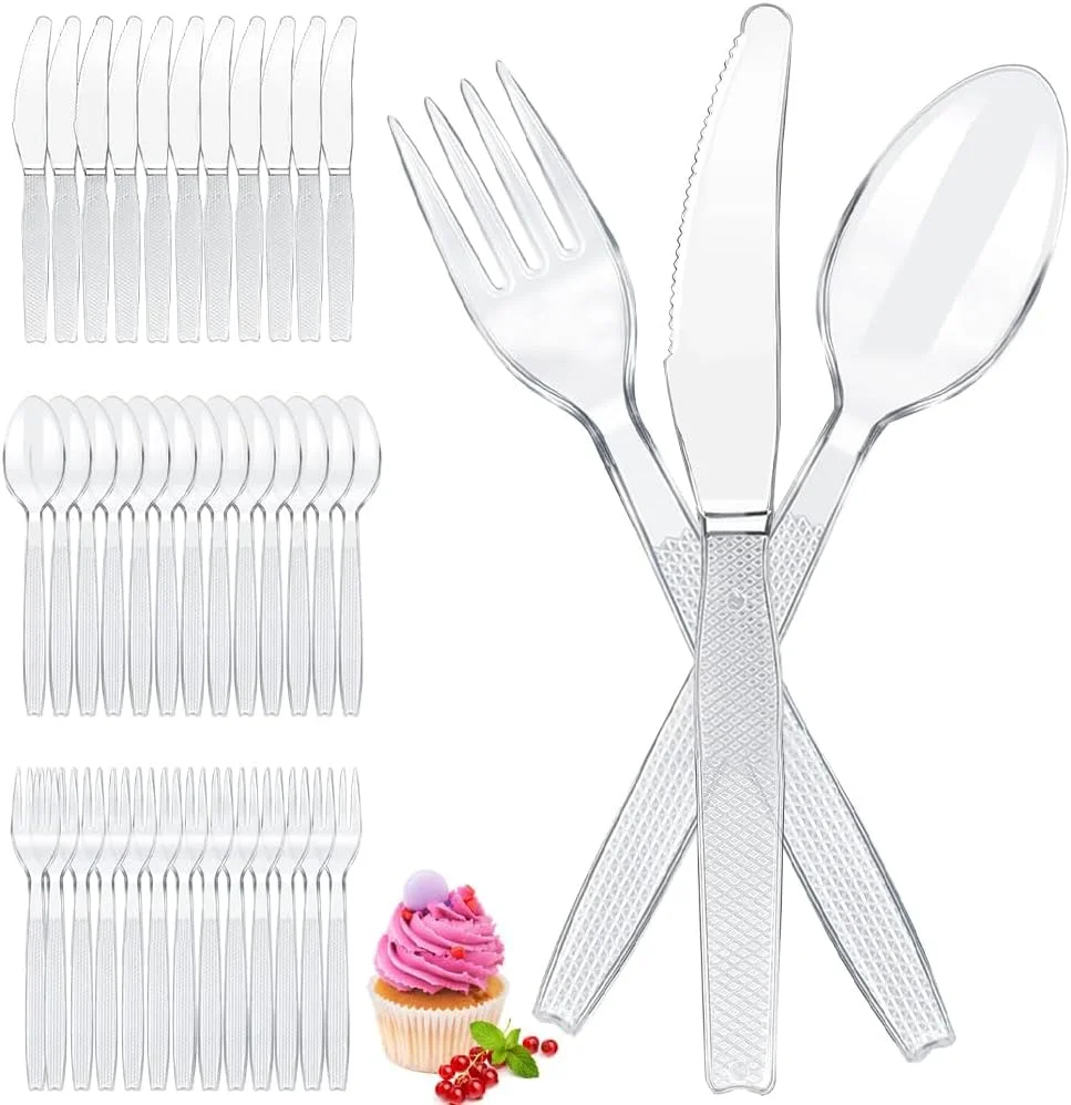 ست کارد، چنگال و قاشق پلاستیکی ضخیم، 300 عددی، مناسب مهمانی ها، شامل 100 قاشق، 100 چنگال و 100 کارد، قابل استفاده مجدد و محکم برای رویدادها، پیک نیک ها و دورهمی ها