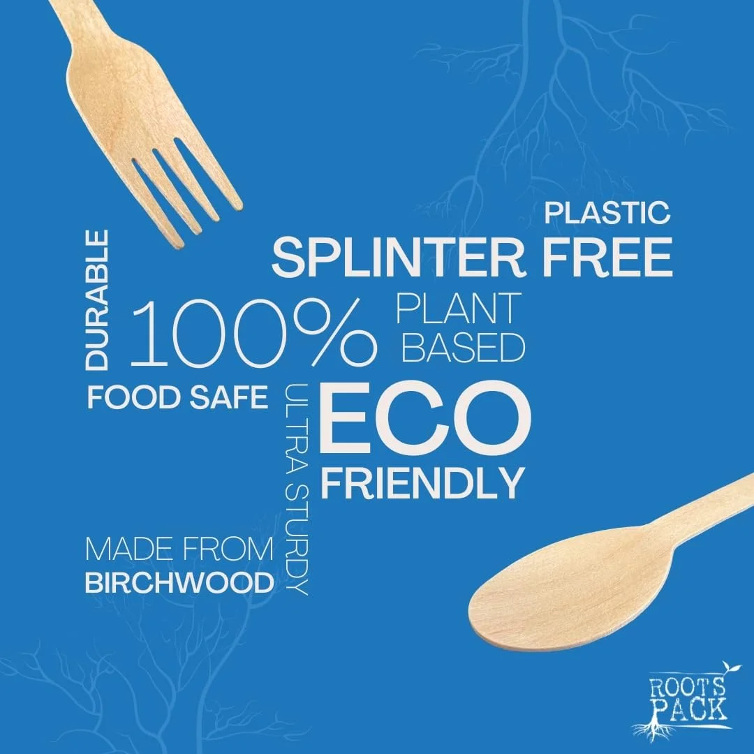 Roots Pack 100pc Biodegradable Wooden Cutlery Set - Eco-Friendly Spoons & Forks for Parties, Picnics, Events - Plant-Based, Splinter-Free Roots Pack 100pc Biodegradable Wooden Cutlery Set - Eco-Friendly Spoons & Forks for Parties, Picnics, Events - Plant-Based, Splinter-Free
