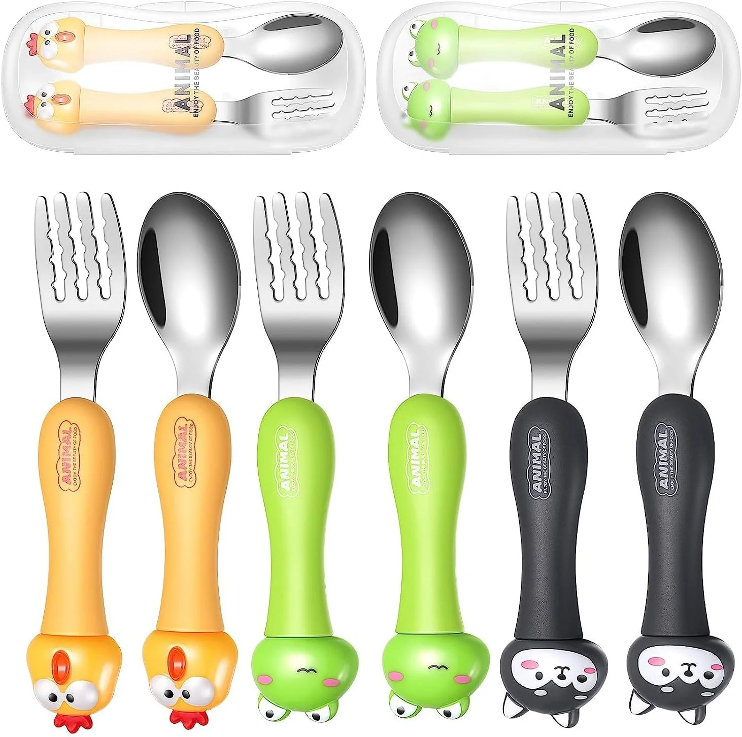 ست 6 تکه ظروف غذاخوری کودک به همراه جعبه مسافرتی - ست قاشق و چنگال استیل ضد زنگ با دسته کارتونی زیبا برای آموزش غذا خوردن کودکان بالای 6 ماه