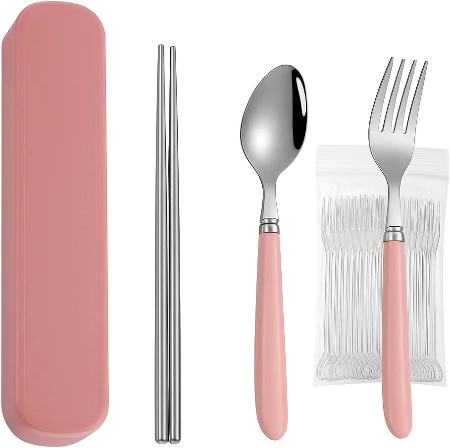 ست کارد و چنگال مسافرتی 25 تکه با جعبه – 5 تکه لوازم استیل ضد زنگ + 20 چنگال میوه – ایده آل برای کودکان، مدرسه، دفتر و استفاده در فضای باز (صورتی)