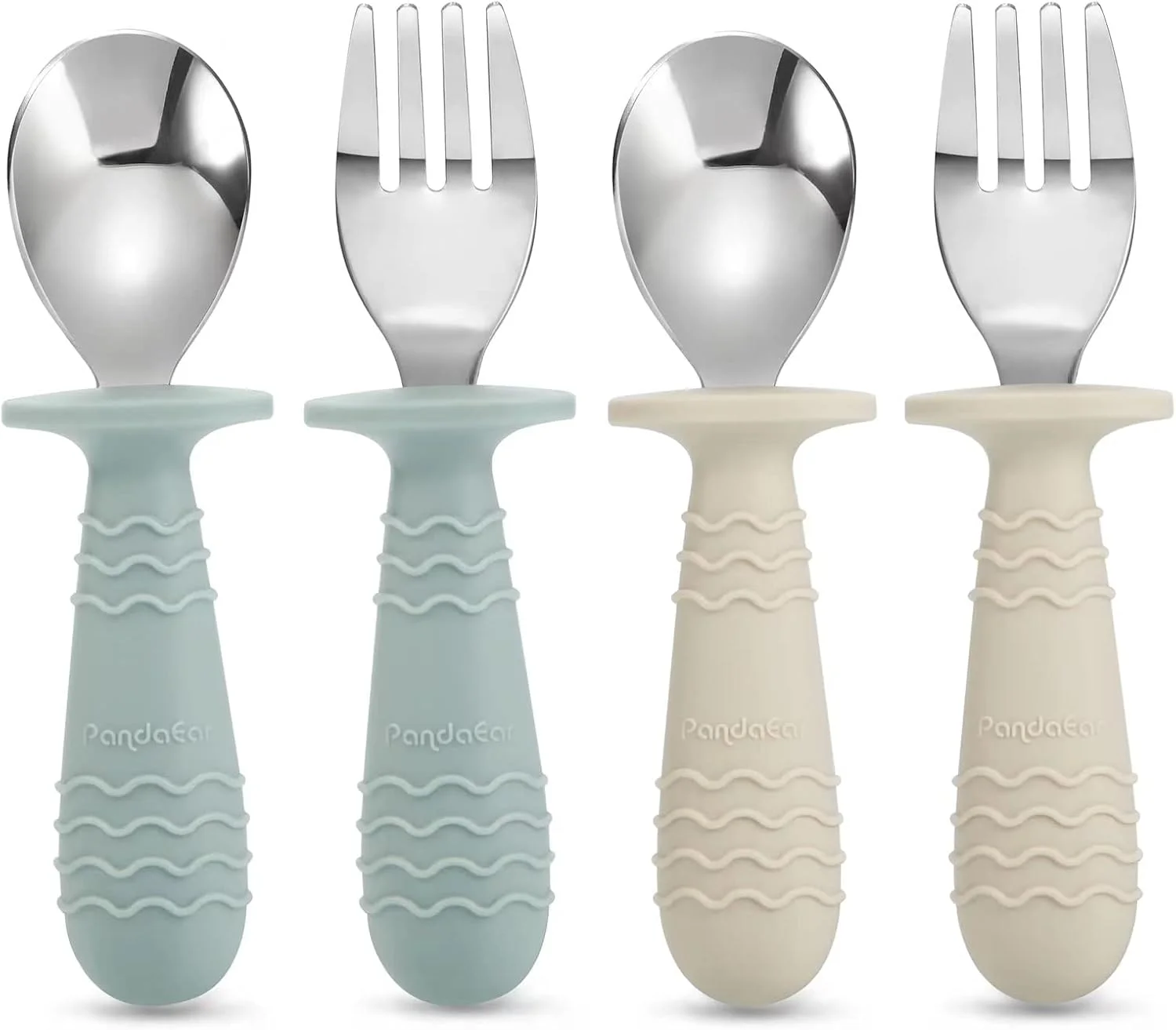 پانداایر ست 4 عددی قاشق و چنگال استیل ضد زنگ سیلیکونی کودک و نوزاد، فاقد BPA با طراحی ضد خفگی سیلیکونی
