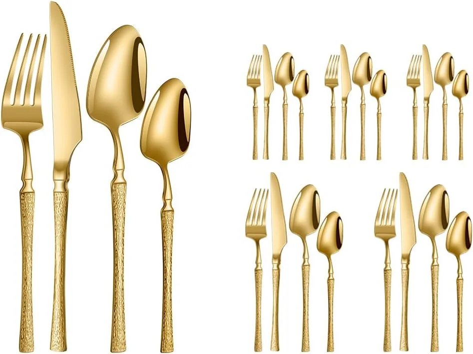 ست کارد و چنگال استیل 24 پارچه اویااله، ماشین ظرفشویی ایمن، ظروف صیقلی آینه ای برای 6 نفر، ظروف غذاخوری نفیس شامل چاقو/چنگال/قاشق/قاشق دسر (طلایی 24L)