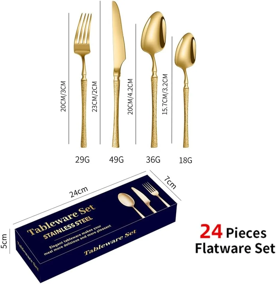 ست کارد و چنگال استیل 24 پارچه اویااله، ماشین ظرفشویی ایمن، ظروف صیقلی آینه ای برای 6 نفر، ظروف غذاخوری نفیس شامل چاقو/چنگال/قاشق/قاشق دسر (طلایی 24L)