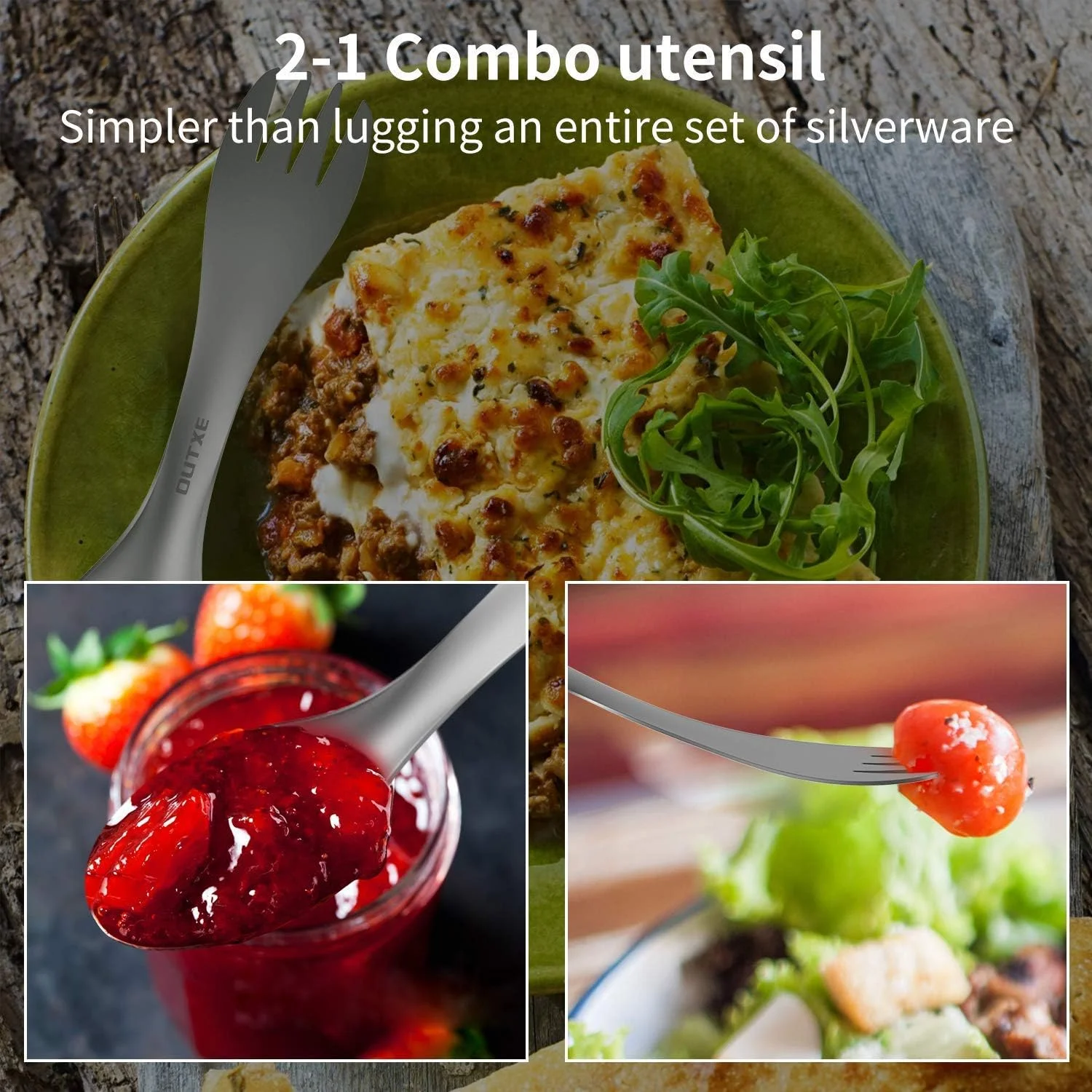 ست چنگال و قاشق تیتانیومی 2 در 1 OUTXE، فوق العاده سبک وزن، قاشق چنگال سازگار با محیط زیست برای کوله گردی، پیاده روی، فضای باز، 2 عددی