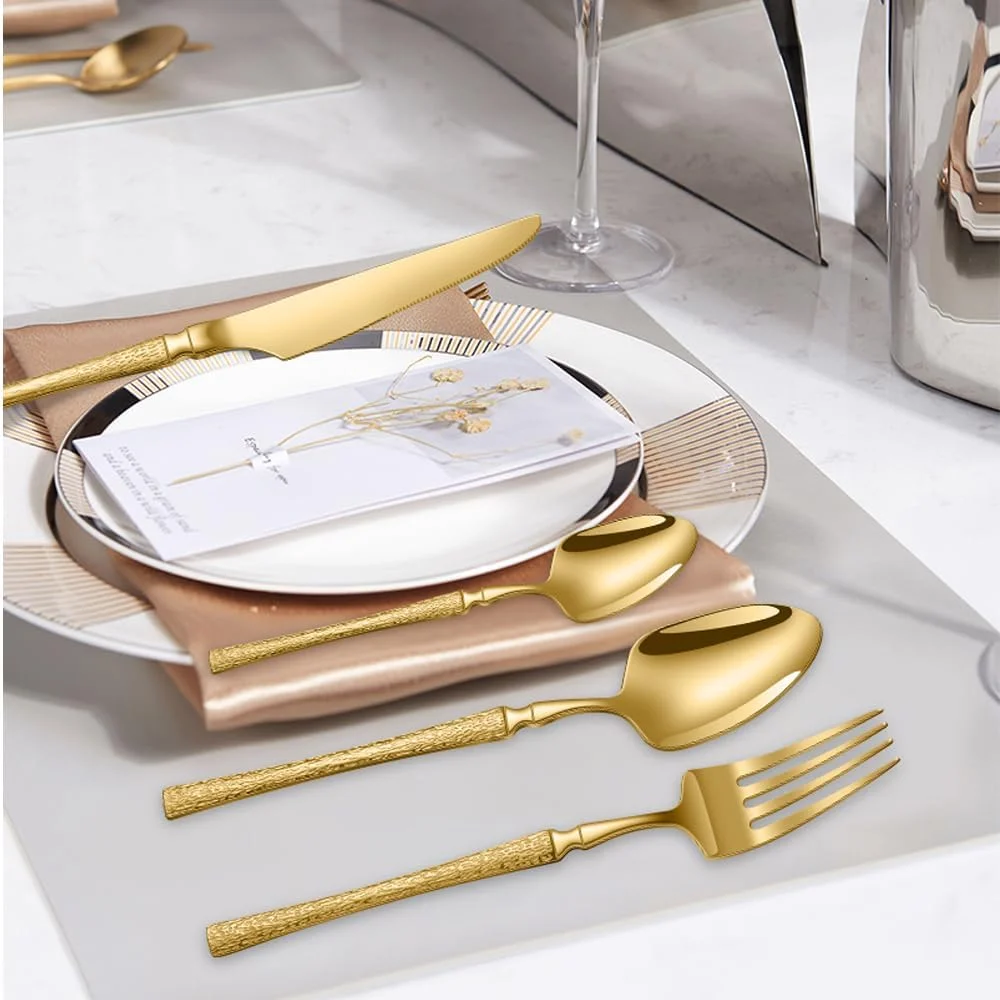 ست کارد و چنگال استیل 24 پارچه اویااله، ماشین ظرفشویی ایمن، ظروف صیقلی آینه ای برای 6 نفر، ظروف غذاخوری نفیس شامل چاقو/چنگال/قاشق/قاشق دسر (طلایی 24L)