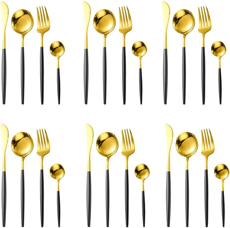 ست کارد و چنگال استیل اویاه، 24 پارچه، پرداخت آینه ای (مشکی/طلایی)