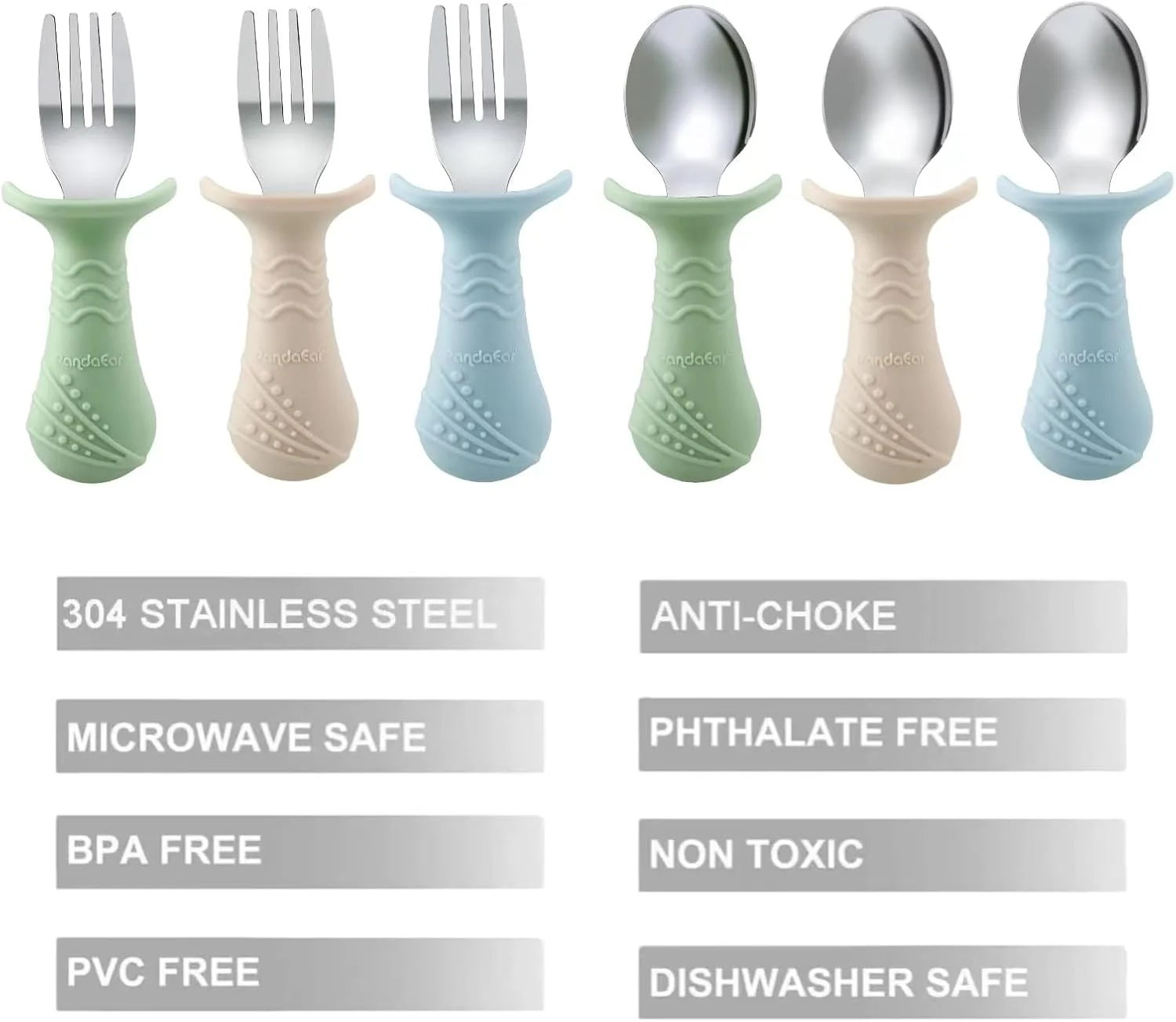 ست قاشق و چنگال کودک PandaEar، بسته 6 عددی قاشق و چنگال استیل ضد زنگ سیلیکونی برای نوزادان و کودکان نوپا، بدون BPA با طراحی ضد خفگی سیلیکونی (آبی و سبز و قهوه ای روشن)