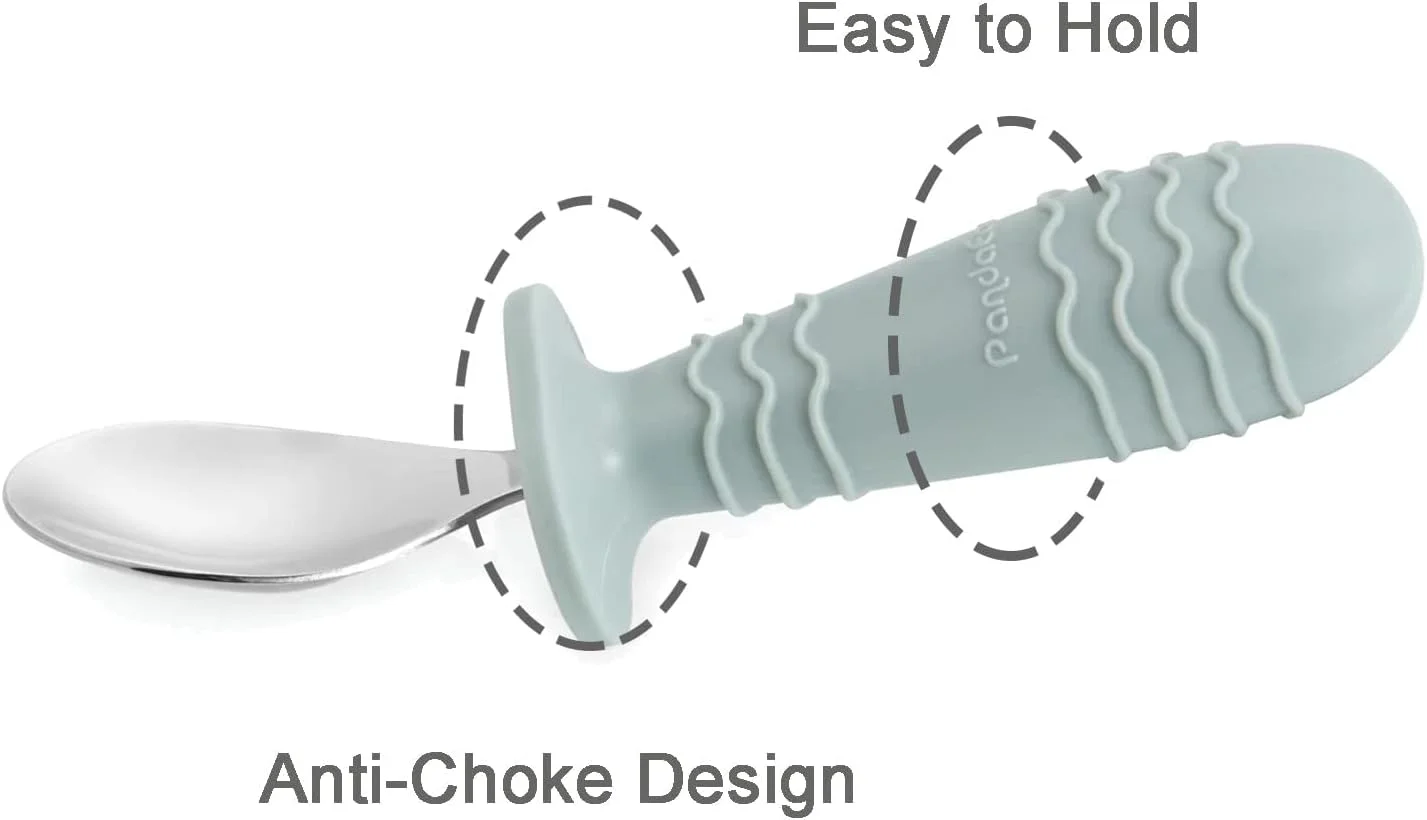 پانداایر ست 6 تکه قاشق و چنگال استیل ضد زنگ سیلیکونی کودک نوپا، بدون BPA با طراحی ضد خفگی سیلیکونی (آبی صورتی بژ)