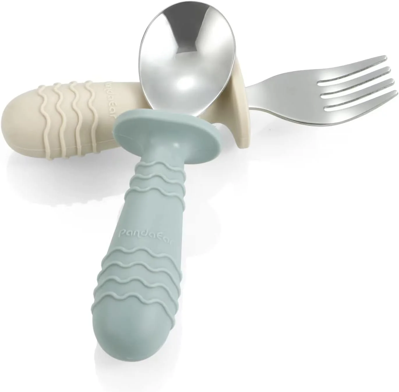 پانداایر ست 6 تکه قاشق و چنگال استیل ضد زنگ سیلیکونی کودک نوپا، بدون BPA با طراحی ضد خفگی سیلیکونی (آبی صورتی بژ)