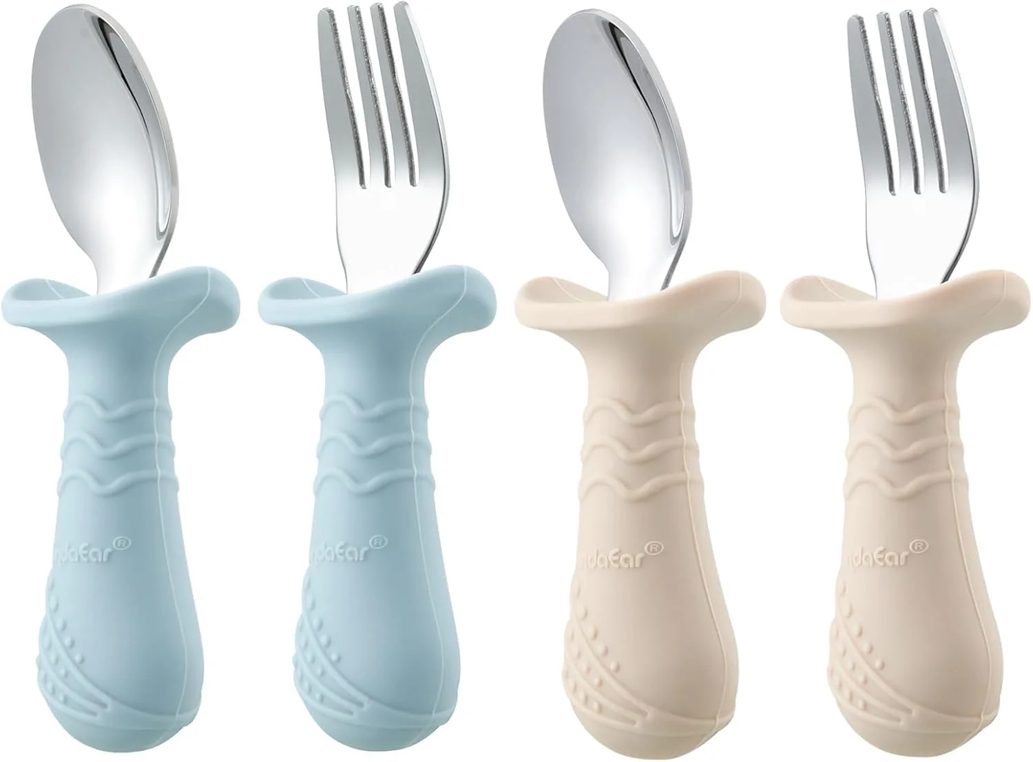 ست قاشق و چنگال کودک PandaEar، بسته 6 عددی قاشق و چنگال استیل ضد زنگ سیلیکونی برای نوزادان و کودکان نوپا، بدون BPA با طراحی ضد خفگی سیلیکونی (آبی و سبز و قهوه ای روشن)
