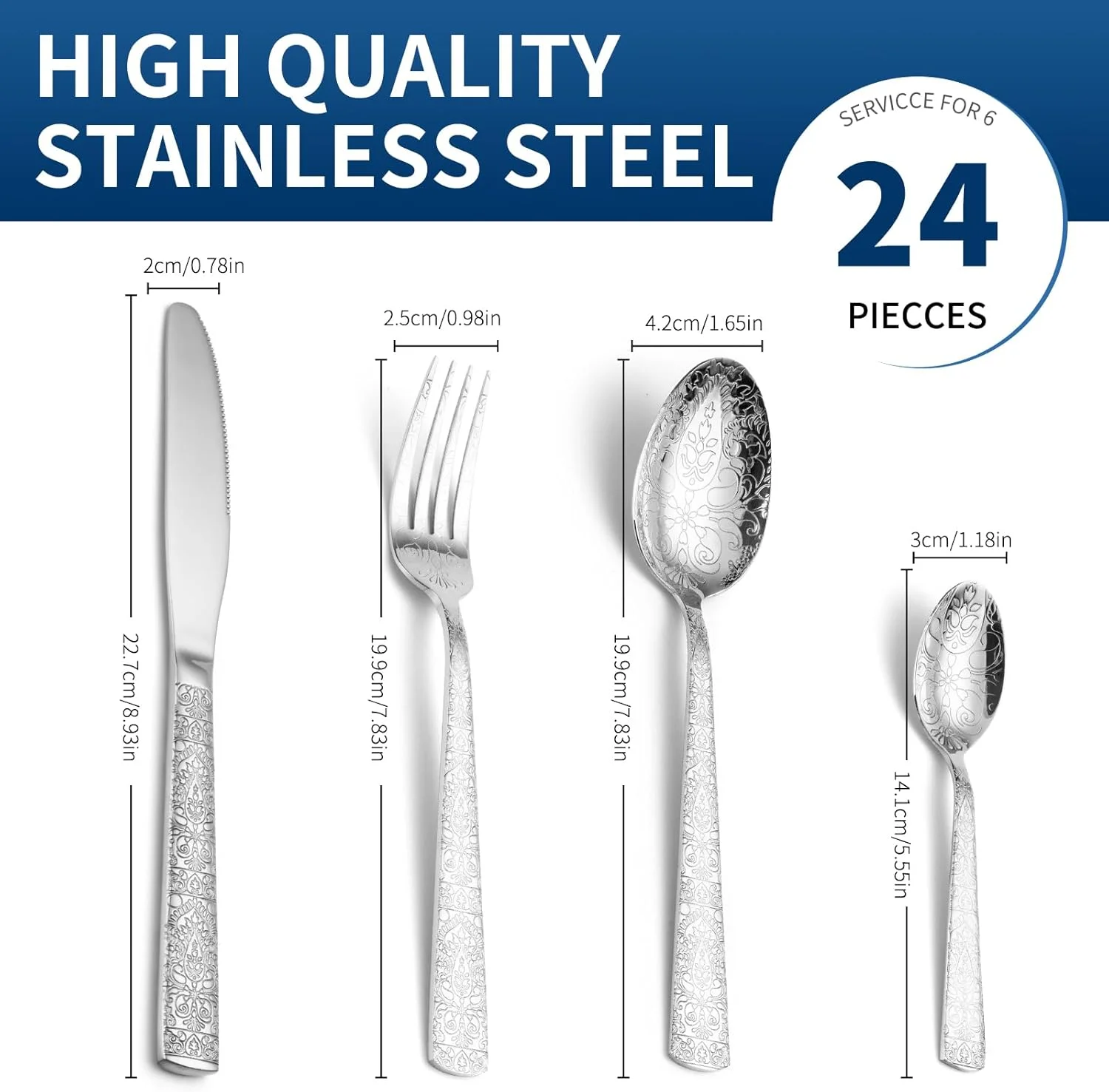 ست کارد و چنگال نوااستیل، طرح های نفیس، ست کارد و چنگال استیل چند نفره، قابل شستشو در ماشین ظرفشویی، مقاوم در برابر زنگ زدگی، مناسب برای رستوران و منزل (24 پارچه، نقره ای) ست کارد و چنگال نوااستیل، طرح های نفیس، ست کارد و چنگال استیل چند نفره، قابل شستشو در ماشین ظرفشویی، مقاوم در برابر زنگ زدگی، مناسب برای رستوران و منزل (24 پارچه، نقره ای)