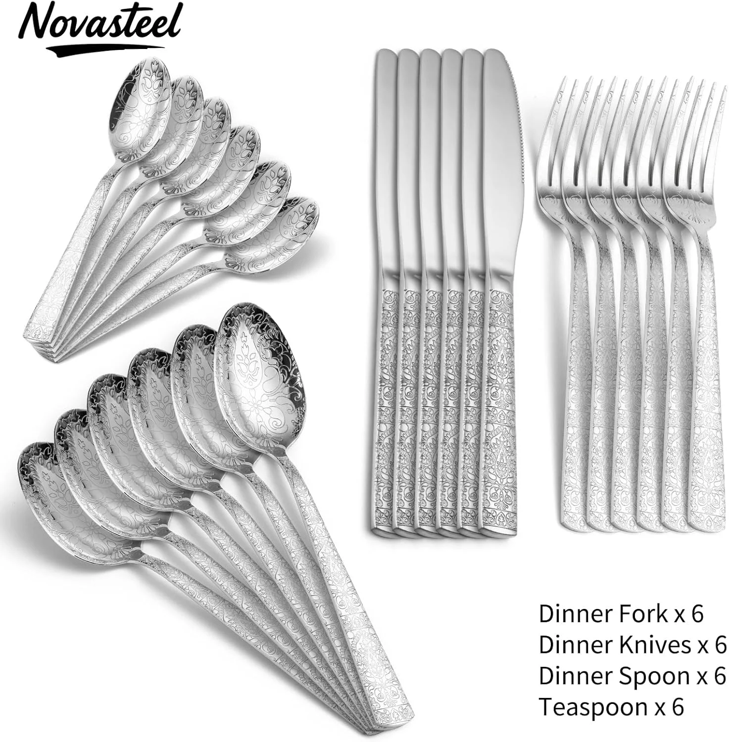 ست کارد و چنگال نوااستیل، طرح های نفیس، ست کارد و چنگال استیل چند نفره، قابل شستشو در ماشین ظرفشویی، مقاوم در برابر زنگ زدگی، مناسب برای رستوران و منزل (24 پارچه، نقره ای) ست کارد و چنگال نوااستیل، طرح های نفیس، ست کارد و چنگال استیل چند نفره، قابل شستشو در ماشین ظرفشویی، مقاوم در برابر زنگ زدگی، مناسب برای رستوران و منزل (24 پارچه، نقره ای)